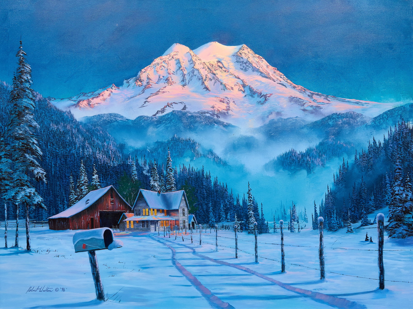 Robert Walton, Mountain Cabin Scene: Robert Walton (Amer., 1934-2019), cabin in snowy mountain landscape, oil on canvas, signed and dated lower left, 1996 sight: 36 x 48 in., frame: 45.5 x 57.5 in. Provenance: Property from the