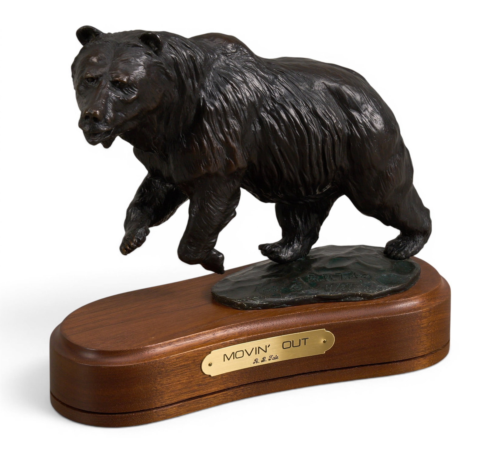 Robert Tate, "Movin' Out": Robert B. Tate (California / Colorado, b. 20th C), "Movin' Out", artist-cast bronze sculpture on wooden base, incised signature, edition number 4/27, and date, 1983 height 9 in. x