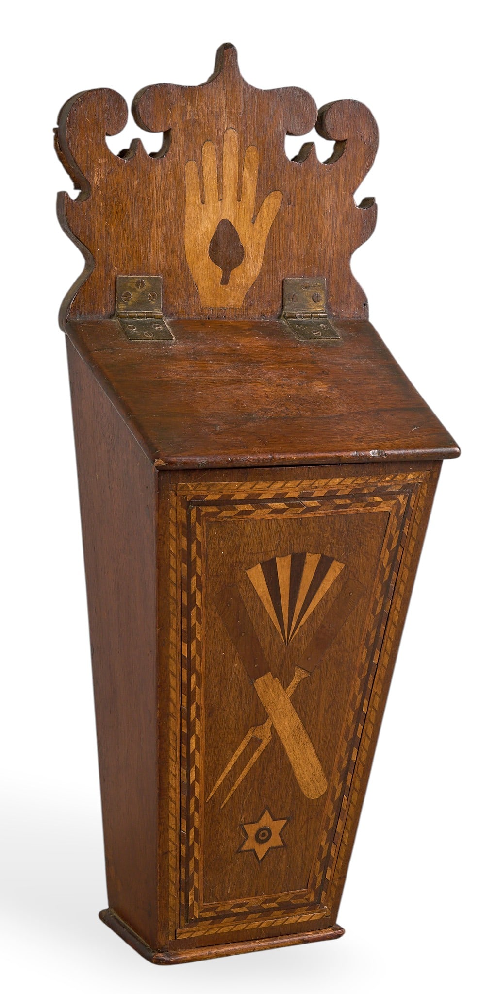 Inlaid American Wall-Mounted Candle Box: American wall-mounted candle box with inlaid design, featuring a hinged lid and decorative backboard, inlay depicting a hand, tools, and geometric patterns, circa early-mid 1800s height 24 in. x width