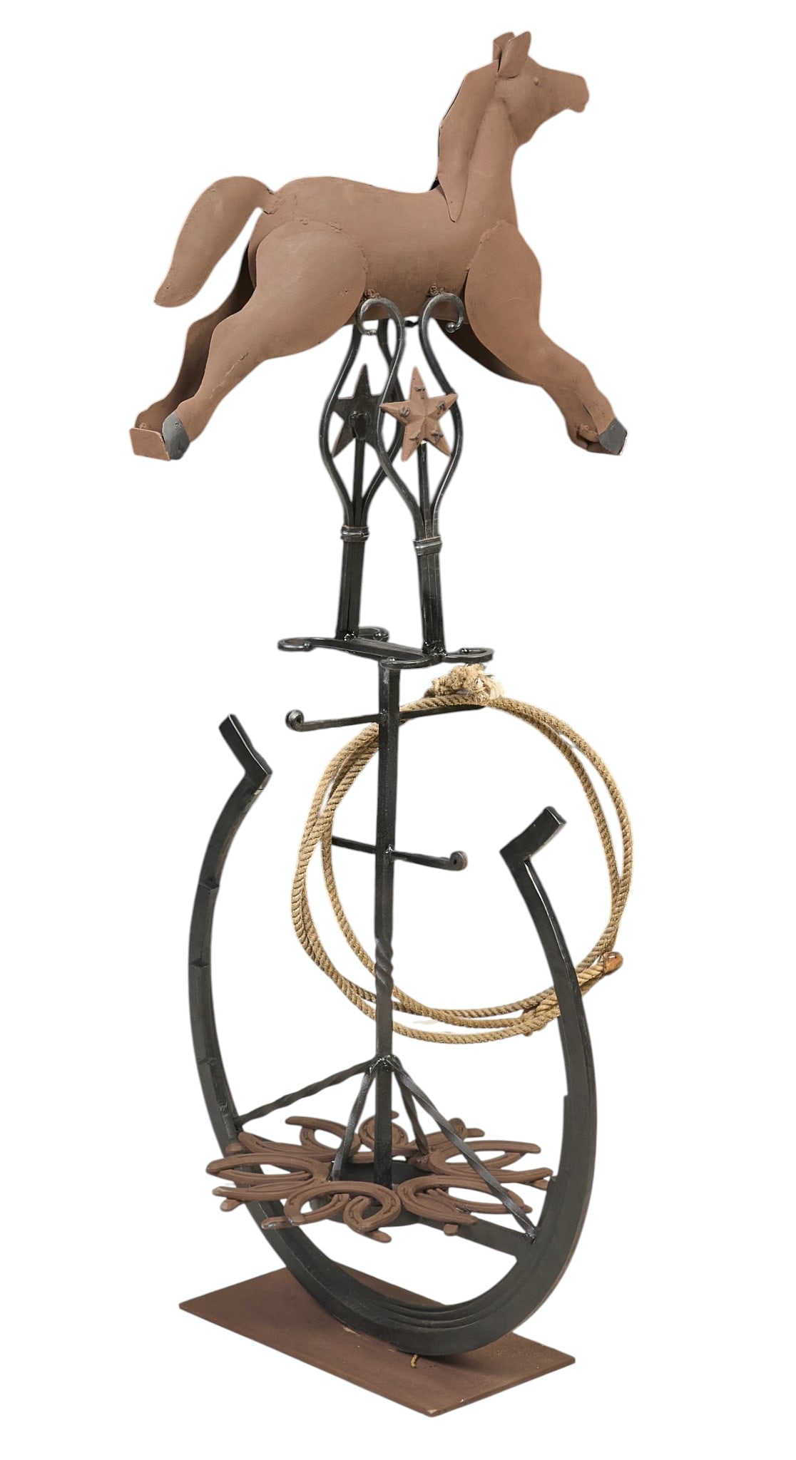 Ranch Style Horseshoe Stand: Ranch style iron horseshoe stand with horse motif height 53 in. x width 26 in. x depth 25 in. Provenance: Property from a home in San Antonio, Texas