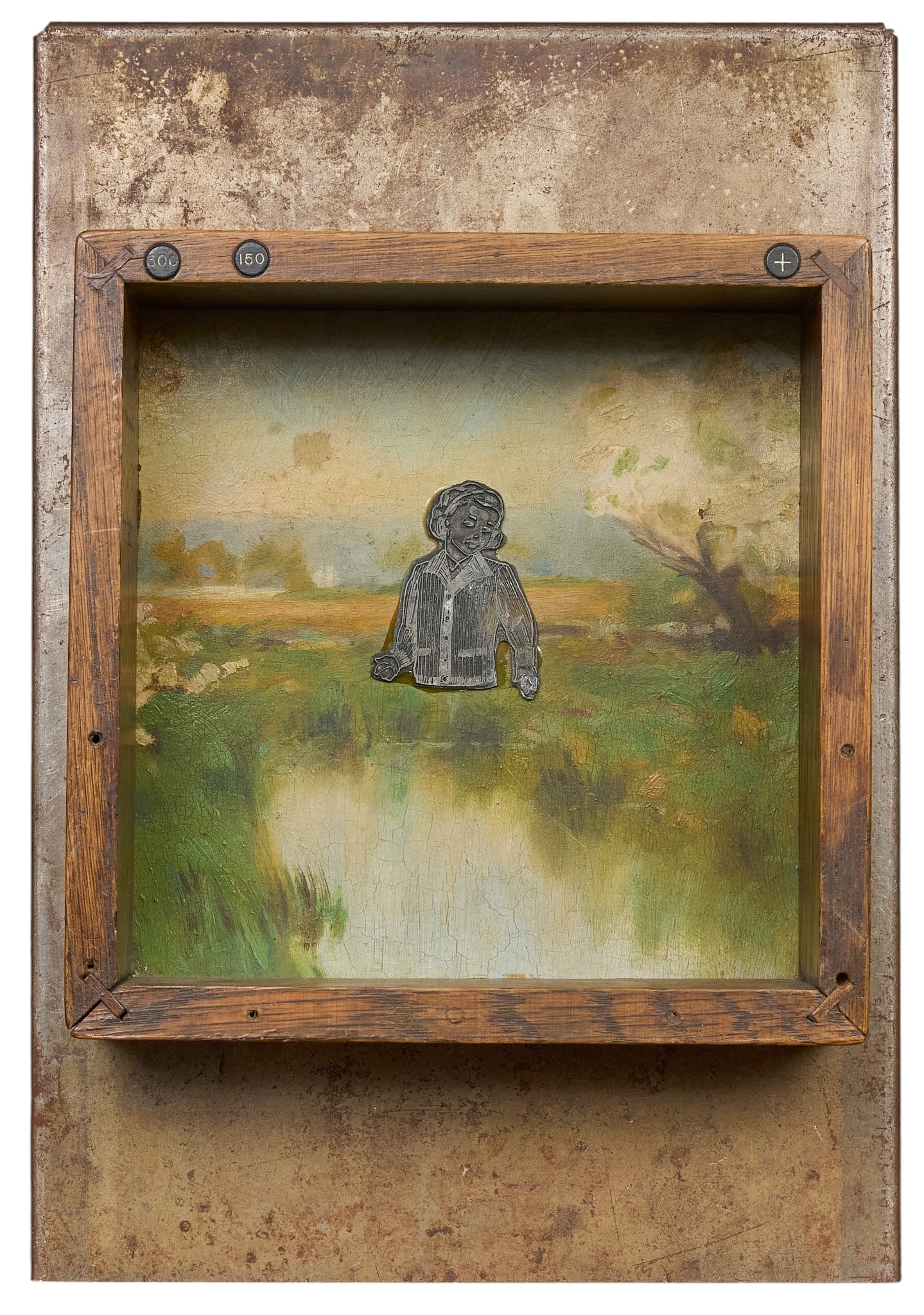 Henry Stein, "Disappearance", 1996: Henry Stein (Texas, b. 1951), "Disappearance", mixed media found object assemblage art; signed, titled, and dated on the verso, 1996 height 13 in. x width 9 in. x depth 3.5