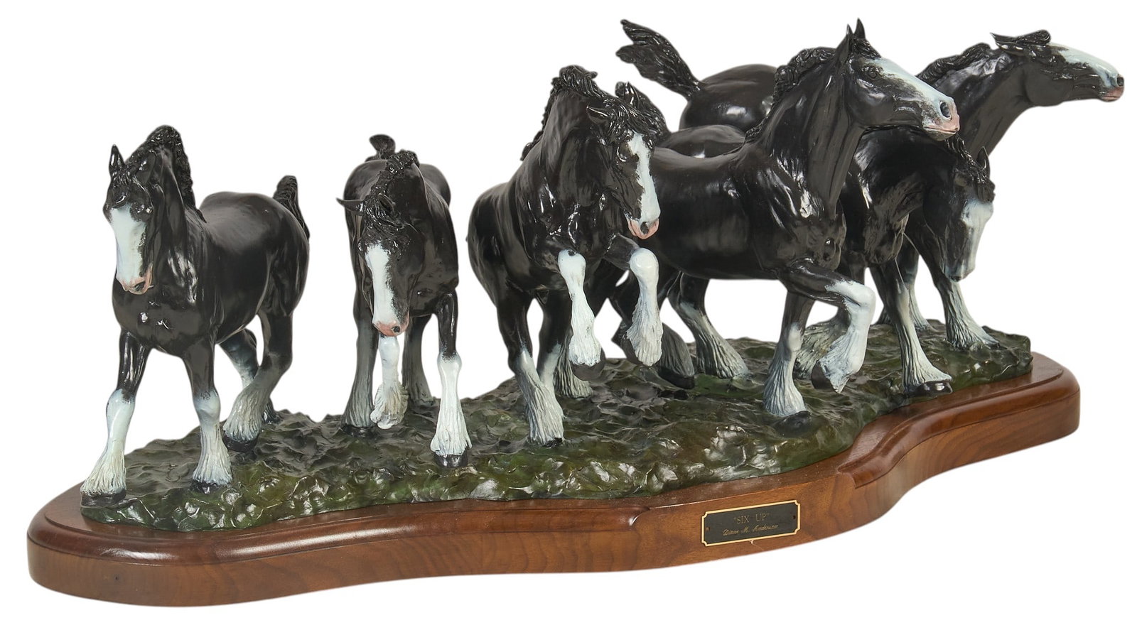 Diane Anderson, "Six Up": Diane M. Anderson (Amer., 20th-21st C.), "Six Up", artist-cast and cold painted bronze sculpture on wooden base, incised signature, date (2000), and edition number, 4/20 height 15