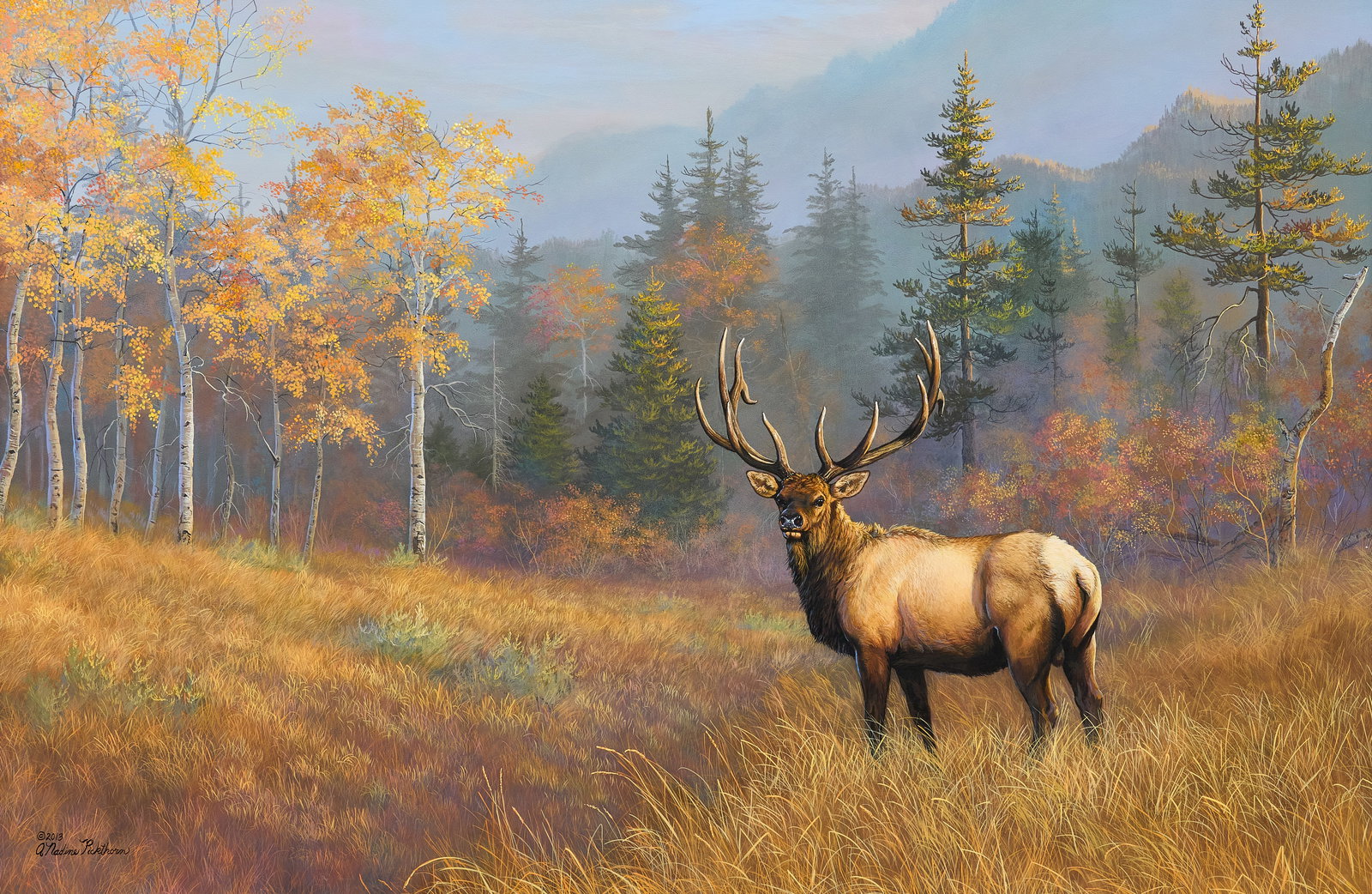 Nadine Pickthorn, Elk in Landscape: A. Nadine Pickthorn (Montana, b. 20th C.), bull elk in landscape, acrylic on panel, signed and dated lower left, 2013 sight: 23 x 35 in., frame: 32 x 44 in. Provenance: Property from the Estate