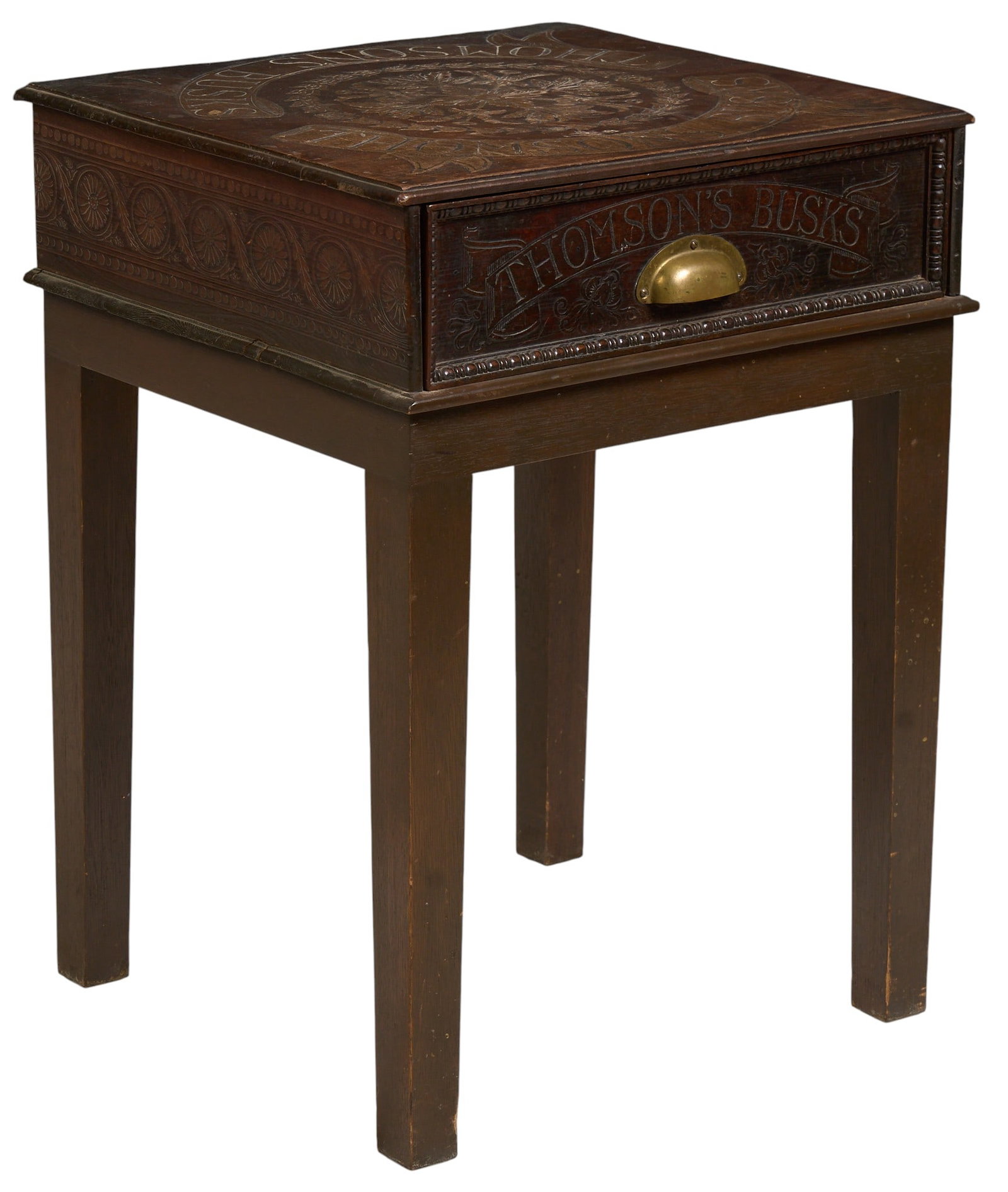 Vintage Haberdashery Table: Vintage haberdashery table with single drawer with divisions and brass pull marked Thomson's Busks, produced by Thomson's Glove Fitting, used for storing busks, flat and rigid structural compo