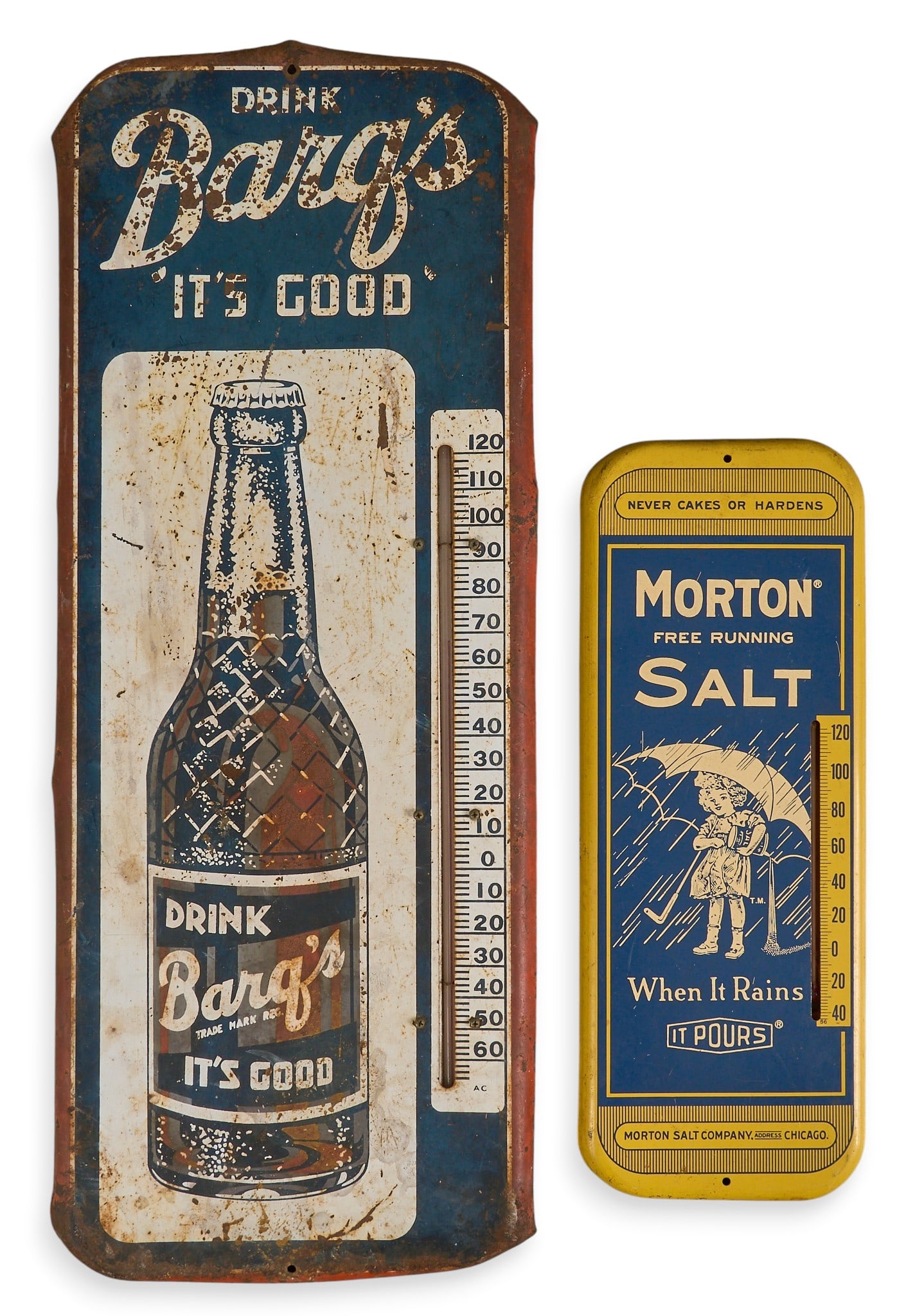 Barq's Rootbeer and Morton Salt Advertising Thermometers: Set of two advertising thermometers, the larger with a Barq's Rootbeer advertisement, and the smaller with a Morton Salt advertisement height 25.5 in. x width 10 in. x