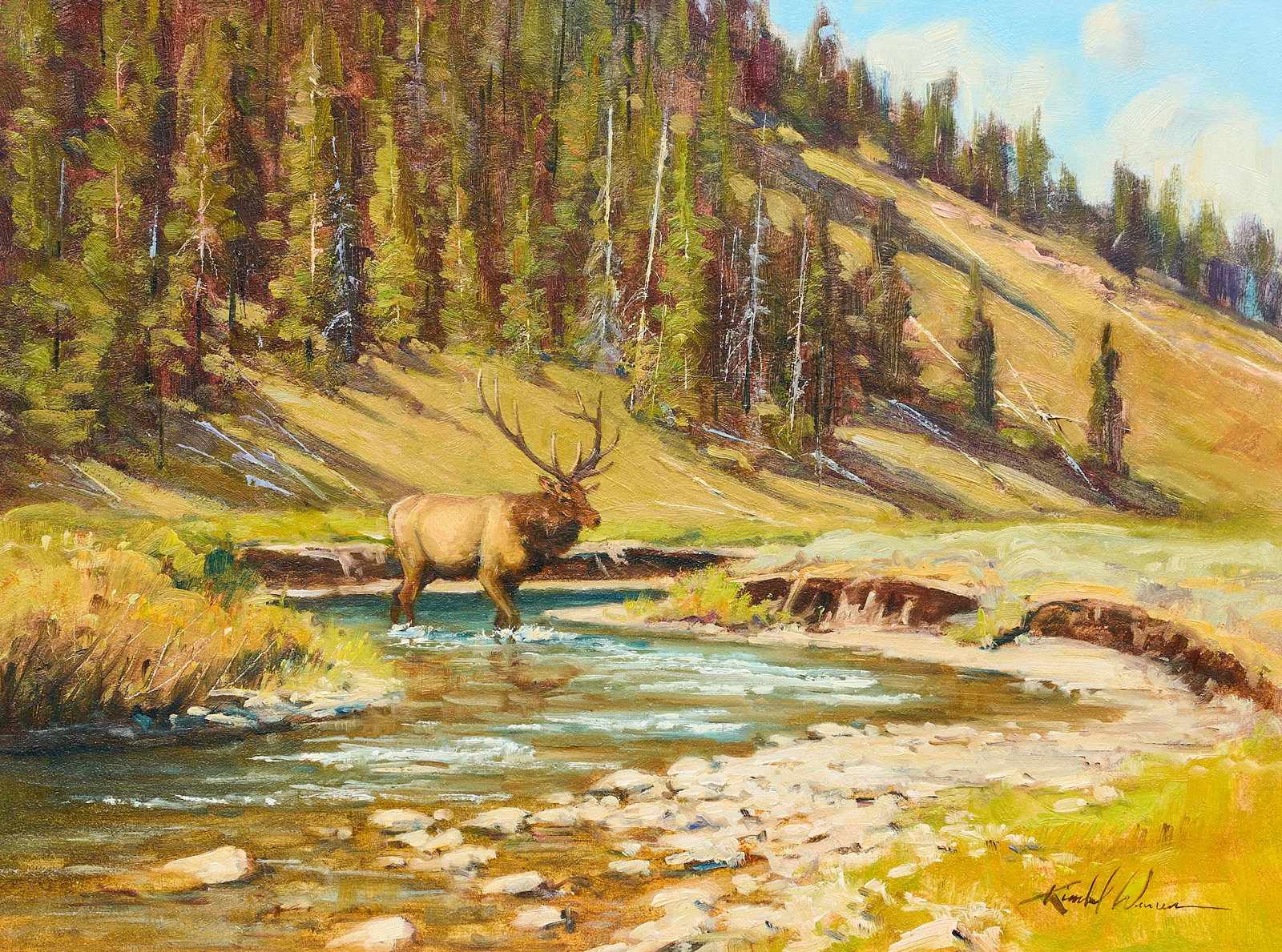 Kimbal Warren, "Bull Elk": Kimbal Warren (Utah, b. 1952), "Bull Elk", oil on panel, signed lower right, signed again and titled on the verso sight: 12 x 16 in., frame: 19.5 x 23 in. Provenance: The estate of