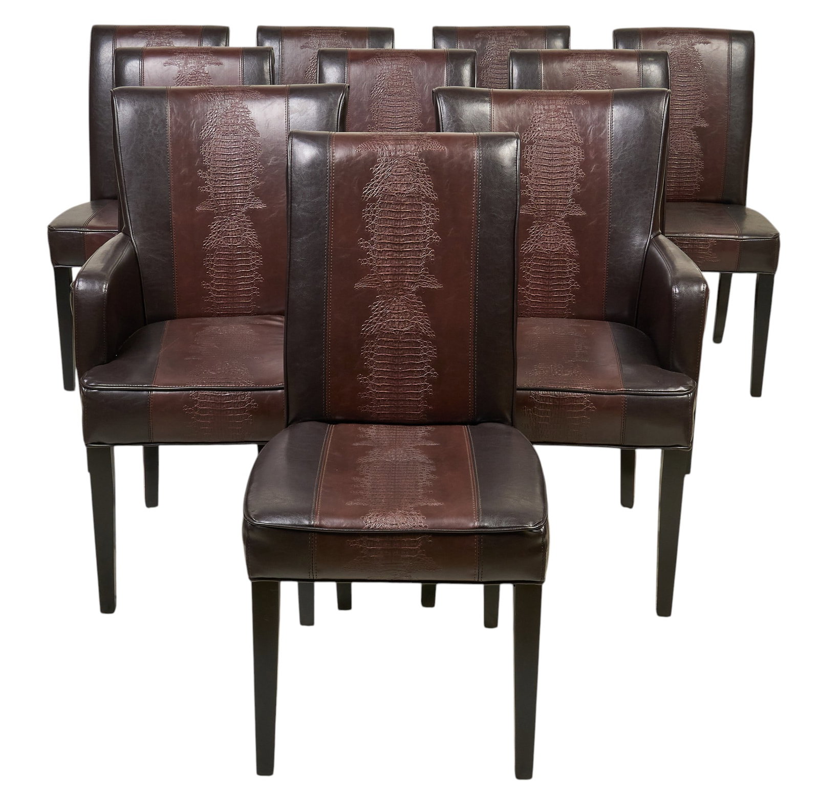 (10) Leather Dining Chairs with Exotic Leather Inlay: Set of ten dining chairs upholstered in dark brown leather with a central panel with exotic leather inlay, each with a high back, supported by wooden legs height 38 in. x width 23 in. x