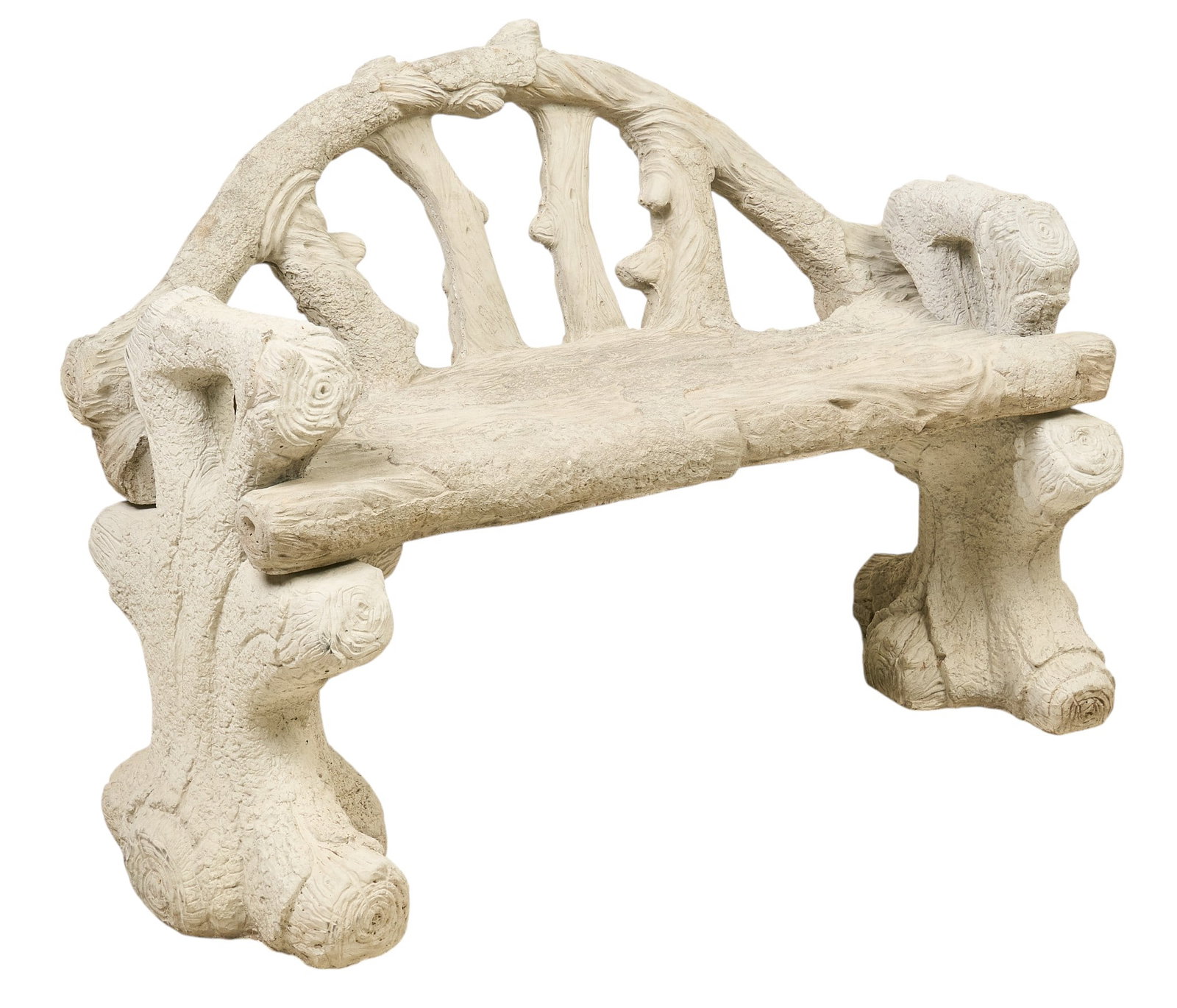 Faux Bois Bench: Faux bois concrete bench, made of three pieces height 33 in. x width 47 in. x depth 24 in. Provenance: Property from a home in San Antonio, Texas