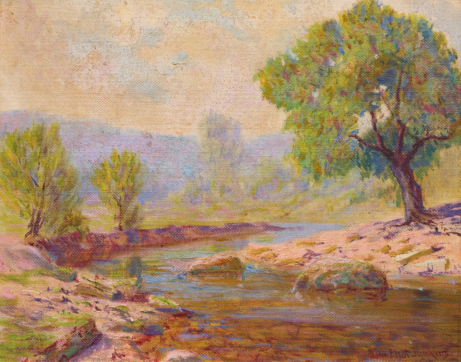 John Eliot Jenkins, River Scene: John Eliot Jenkins (Kansas / Texas, 1868-1937), river landscape, oil on panel, signed lower right sight: 16 x 20 in., frame: 18.5 x 22.5 in. Provenance: Property from a home in Amarillo, Texas
