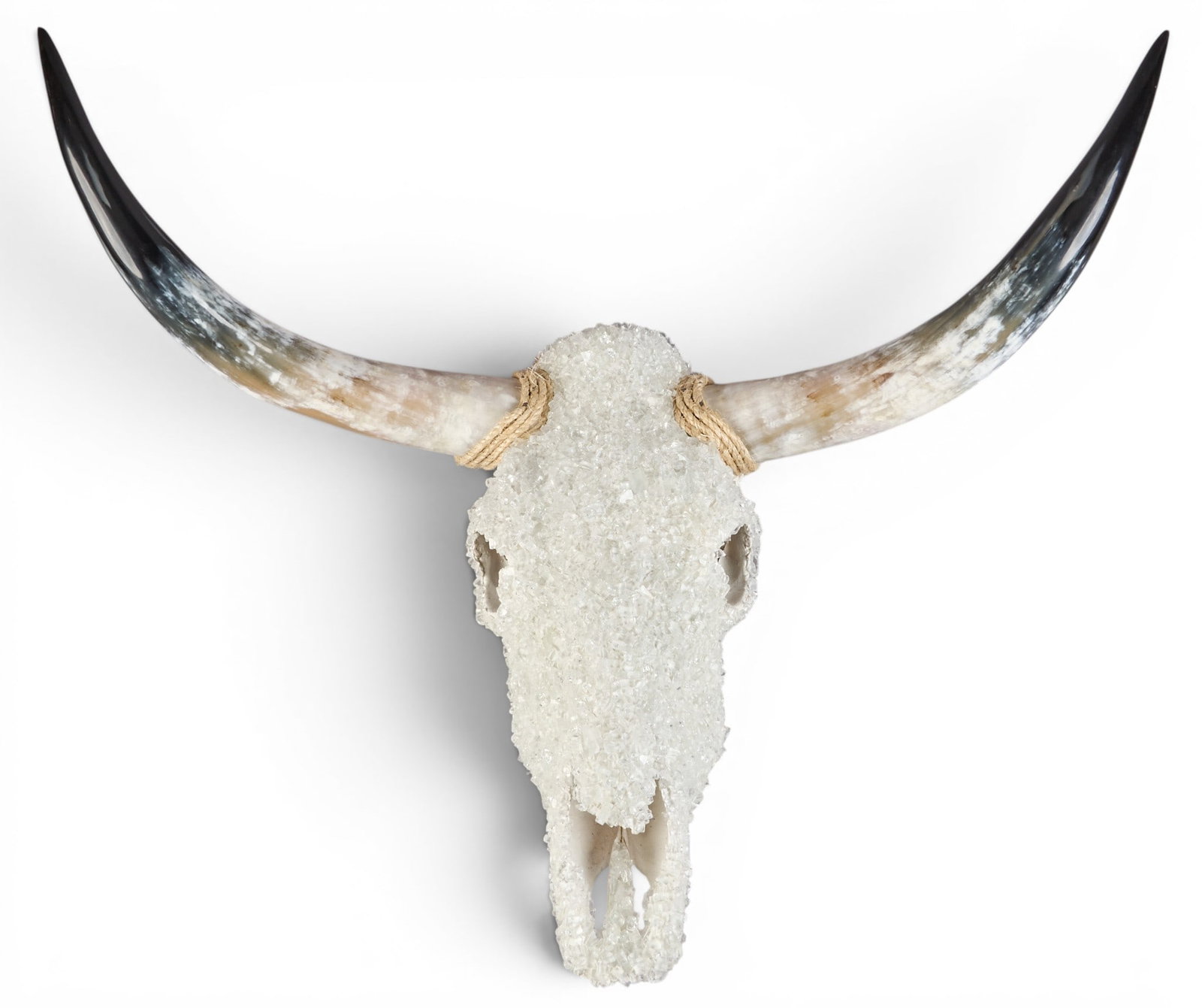 Quartz Crystal Decorated Steer Skull Mount: Decorative skull steer mount with a quartz crystal encrusted surface height 16 in. x width 34 in. x depth 27 in. Provenance: Property from a home in Azle, Texas