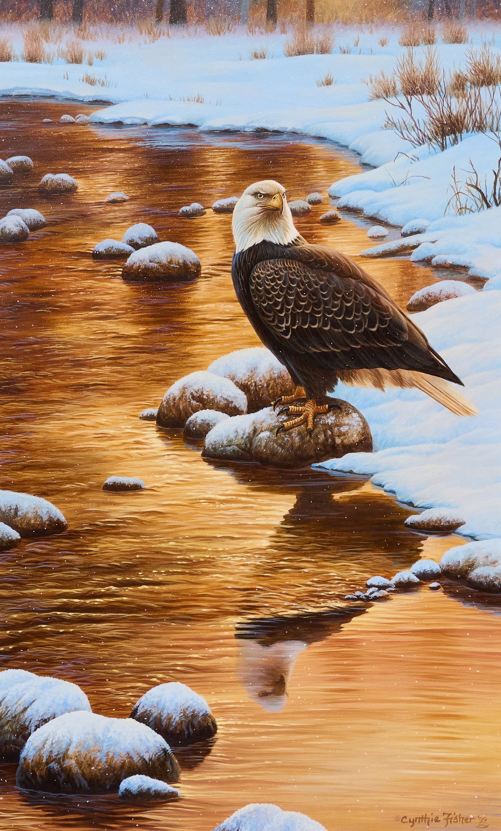 Cynthie Fisher, Eagle in Snow: Cynthie Fisher (Amer., 20th-21st C.), snowy riverbank scene with bald eagle perched on rock, acrylic on panel, signed and dated lower right, 1999 sight: 25 x 16 in., frame: 33 x 23 in.