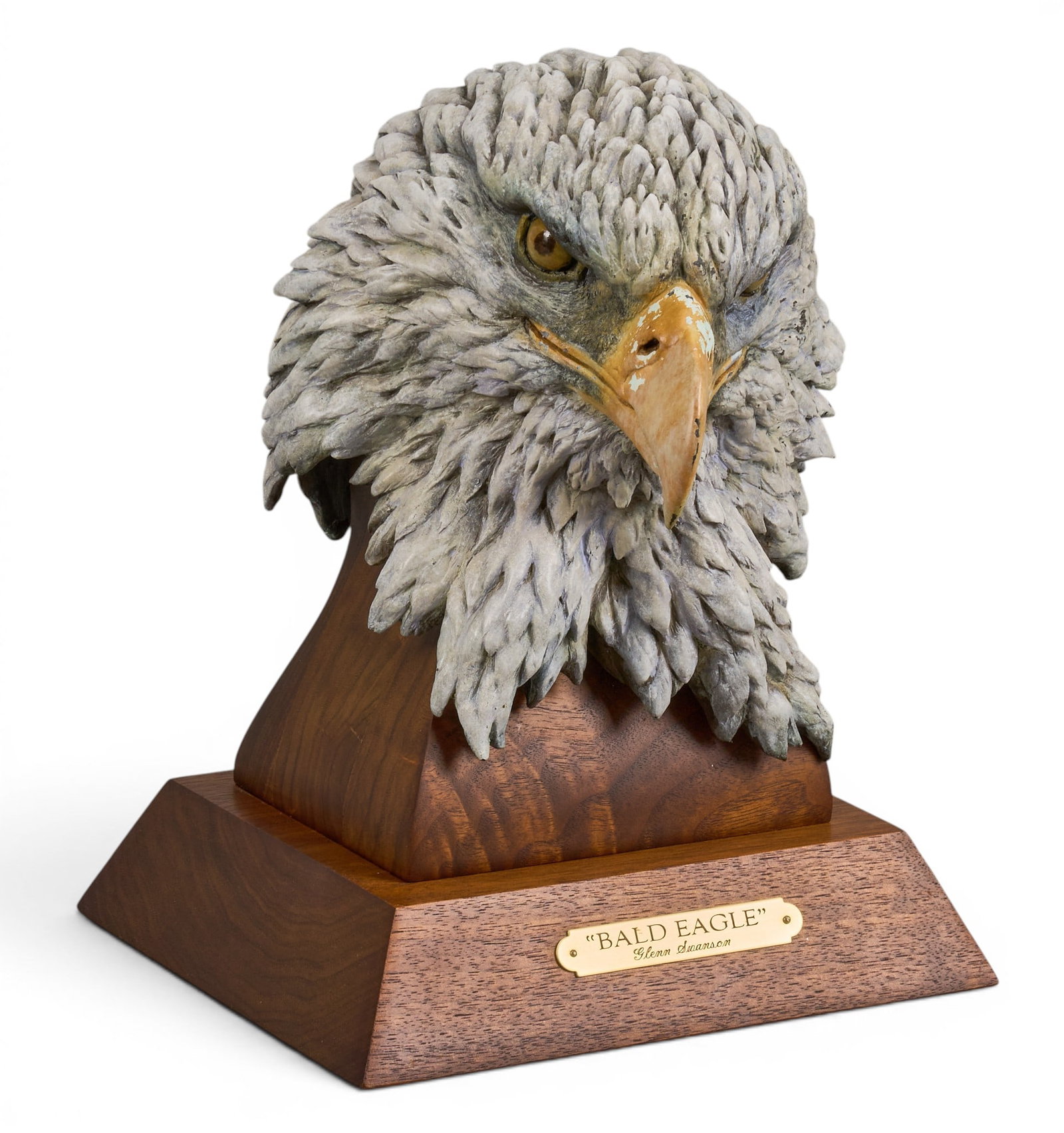 Glenn Swanson, Bald Eagle: Glenn Swanson (Amer., b. 1951), "Bald Eagle", artist-cast bronze sculpture on wooden base height 8 in. x width 10 in. x depth 8.5 in. (including base) Provenance: Property from