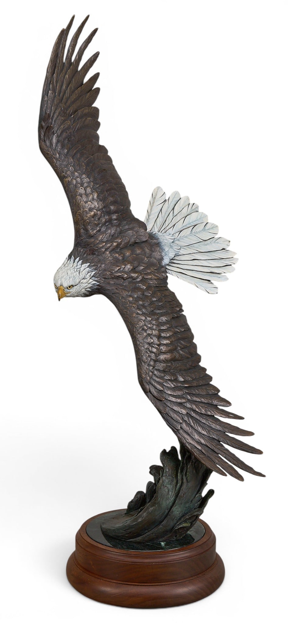 Eugene Morelli, Eagle in Flight: Eugene Morelli (Amer., b. 20th C.), eagle in flight, artist-cast bronze sculpture on wooden base, incised signature and edition number 7/36 height 28 in. x width 12 in. x depth 9.5 in.