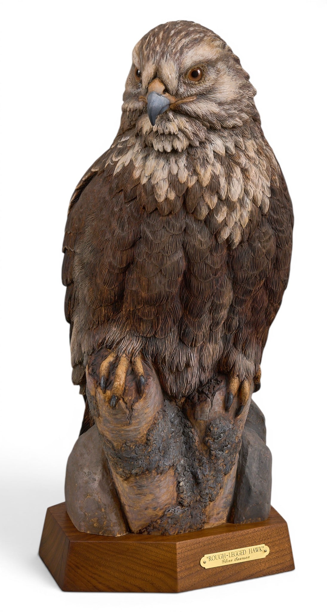 Glenn Swanson, "Rough-Legged Hawk": Glenn Swanson (Amer., b. 1951), "Rough-Legged Hawk", artist-cast bronze sculpture on stone and wooden base, incised signature height 20 in. x width 9 in. x depth 10 in. (including base)
