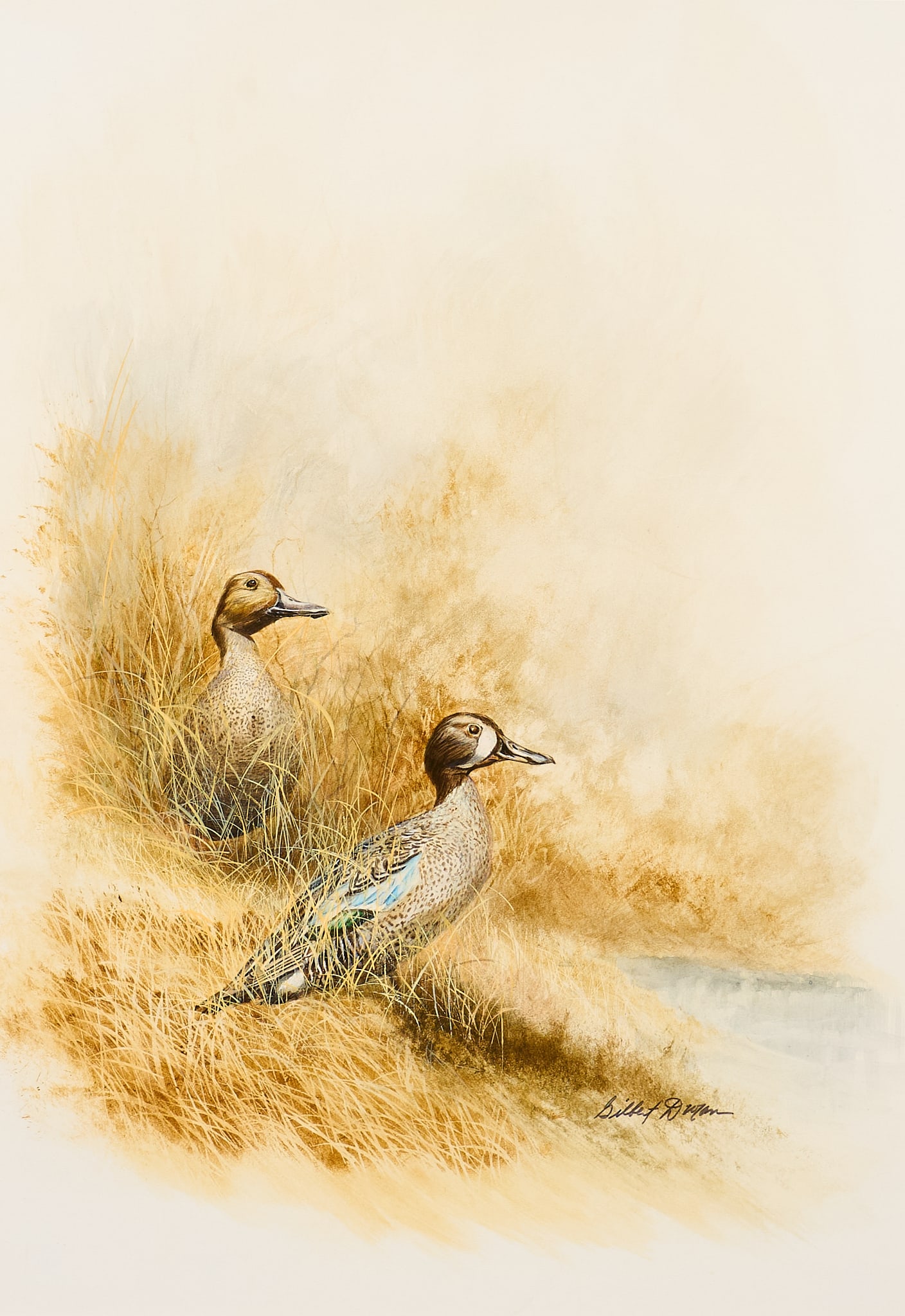 Gilbert Duran, Pair of Ducks: Gilbert Duran (Texas, 1947-2023), pair of ducks at water's edge, acrylic on paper, signed lower right sight: 34 x 24 in., frame: 42 x 32 in. Provenance: Property from a home in Ingram, Texas