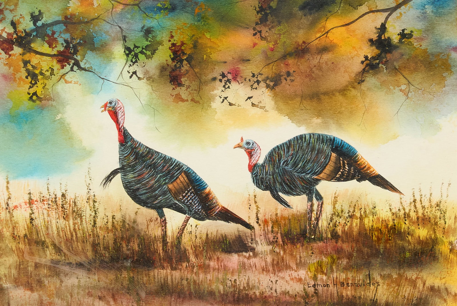 Edmon Benavides, Two Turkeys: Edmon Benavides, two turkeys, watercolor on watercolor paper, signed lower right, signed again and dated on the verso, 1979 sight: 9 x 12 in., frame: 15.5 x 18.5 in. Provenance: