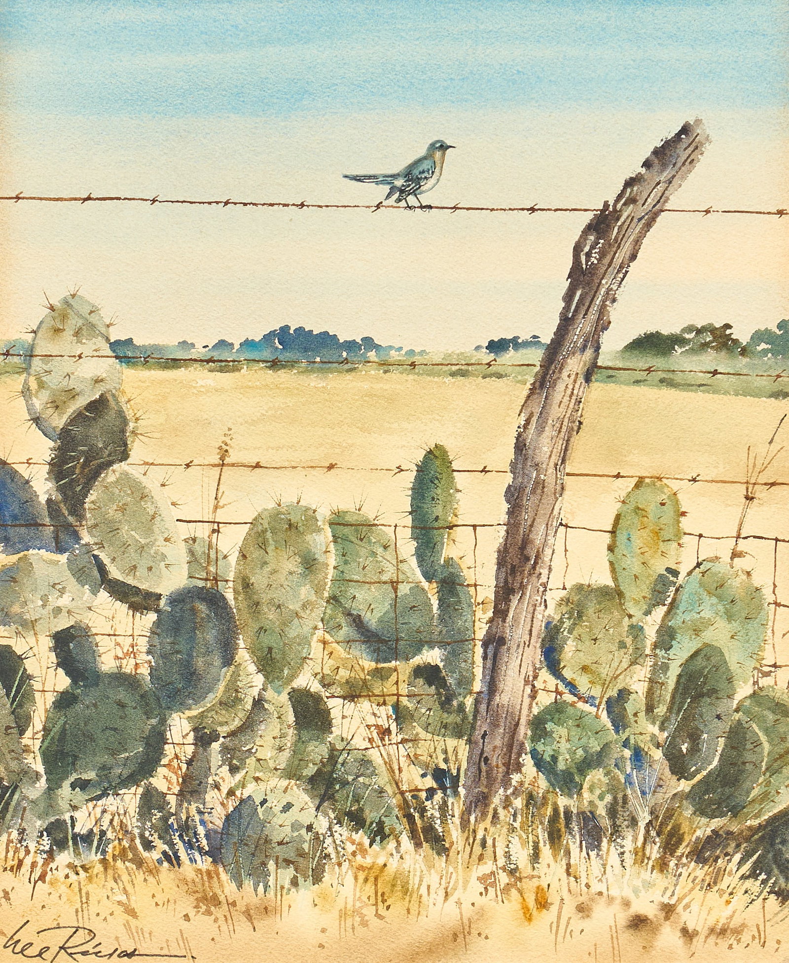 Lee Ricks, Mockingbird on Barbed Wire: Lee Ricks (Texas, 20th/21st C.), Texas scene with mockingbird perched on barbed wire fence with cactus, watercolor on watercolor paper, signed lower left sight: 15 x 12 in., frame: 22 x 19.5 in.