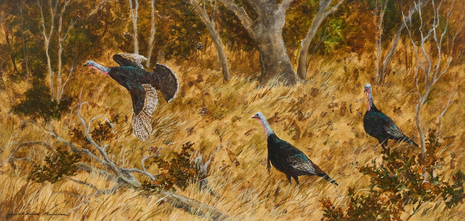 Geraldine Nunns, "Follow the Leader": Geraldine Hudnall Nunns (Arkansas, 1930-2021), "Follow the Leader", acrylic on mulberry paper, signed lower left; with label from 1973 National Invitational Western Art Show affixed to