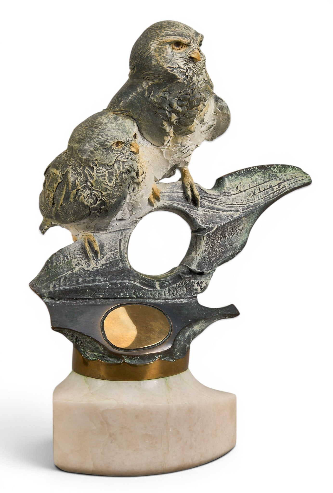 Ron Chapel, Perched Owls: Ron Chapel (Amer., 1948-2021), perched owls on branches, artist-cast bronze sculpture on wooden base, incised signature, edition number 18/21, and date, 1987 height 12.5 in. x width 9 in. x