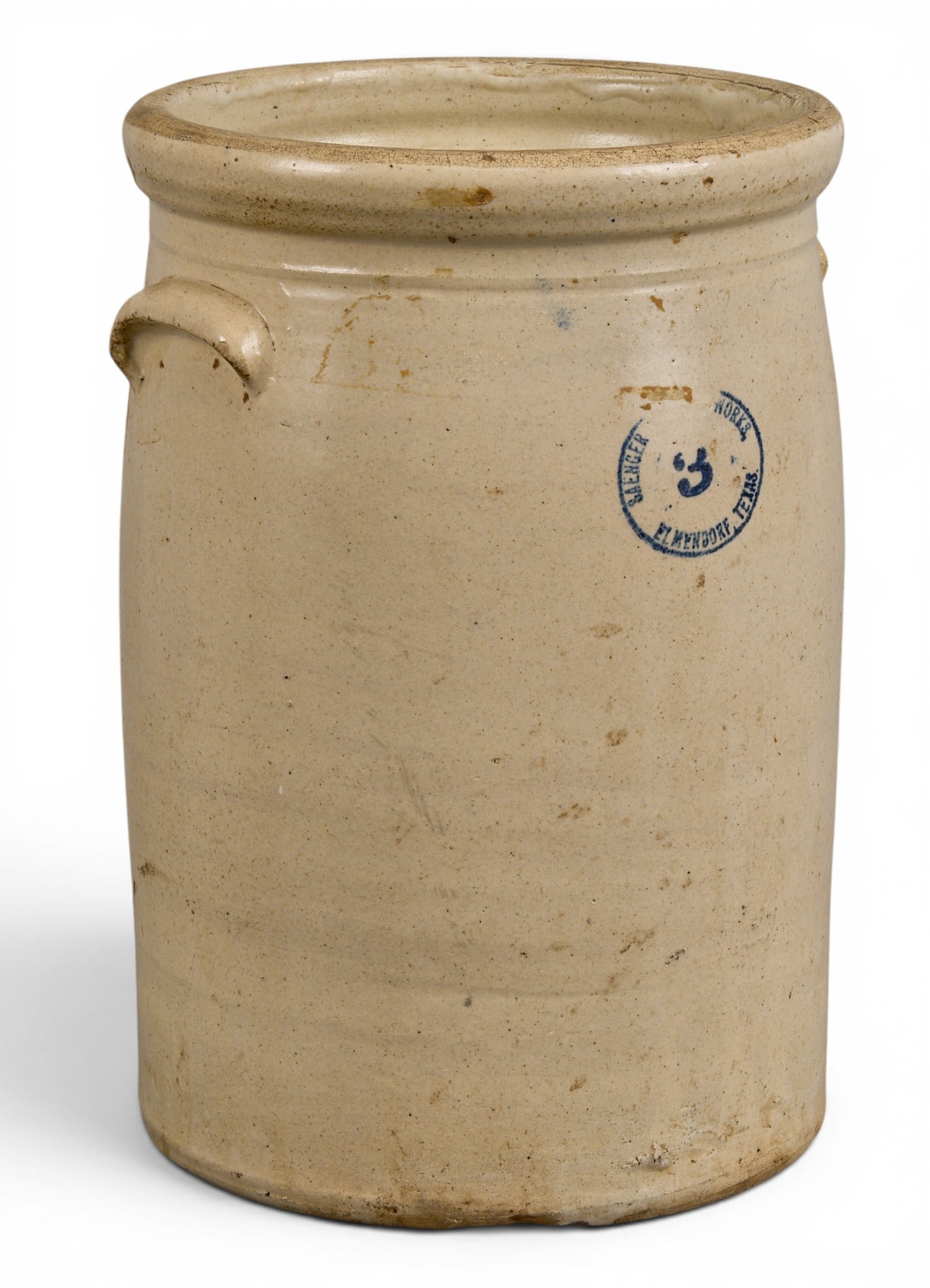 Antique Saenger 3 Gal. Crock: Antique Saenger Pottery Works three gallon stoneware crock with handles, marked, circa 1880-1915 height 13.5 in. x width 9 in. x width 8 in. Provenance: Property from a home in San