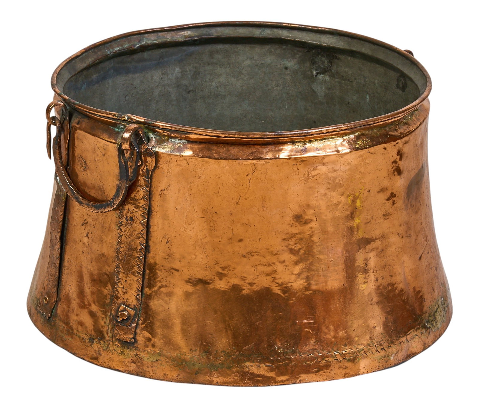 Vintage Copper Cauldron: Vintage copper cauldron with flat bottom, handles, and exterior penny patina, with verdigris interior, circa 20th century height 16 in. x width 25 in. x depth 25 in. Provenance: Property from a in