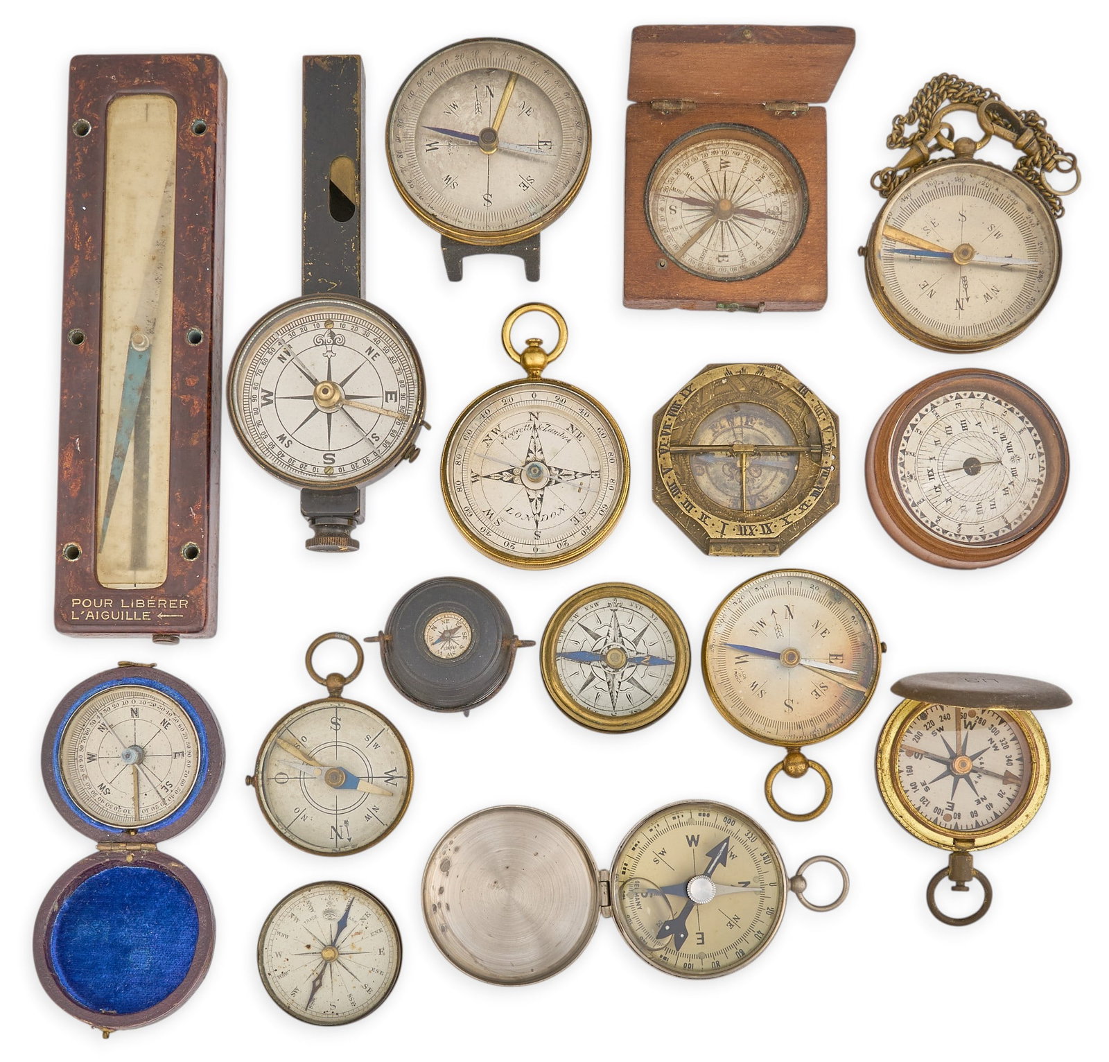 Collection of (17) Vintage Compasses: Collection of seventeen vintage compasses of varying styles and sizes, includes surveying compasses, pocket compasses, and others Provenance: Property from a home in San Antonio, Texas