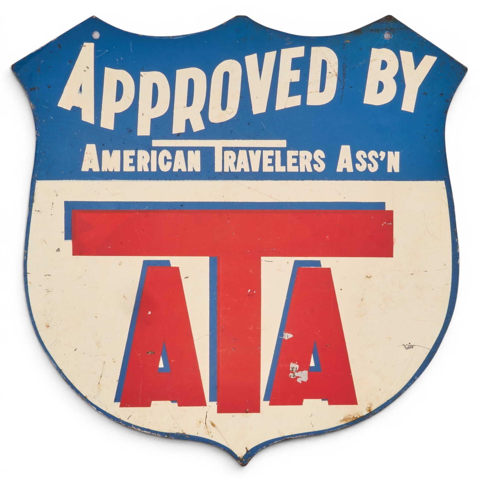 Vintage American Traveler's Association (USA) Metal Sign: American Traveler's Association (USA) vintage double sided metal sign, front with blue and red lettering on white field, and back with blue lettering height 18 in. x width 18 in.