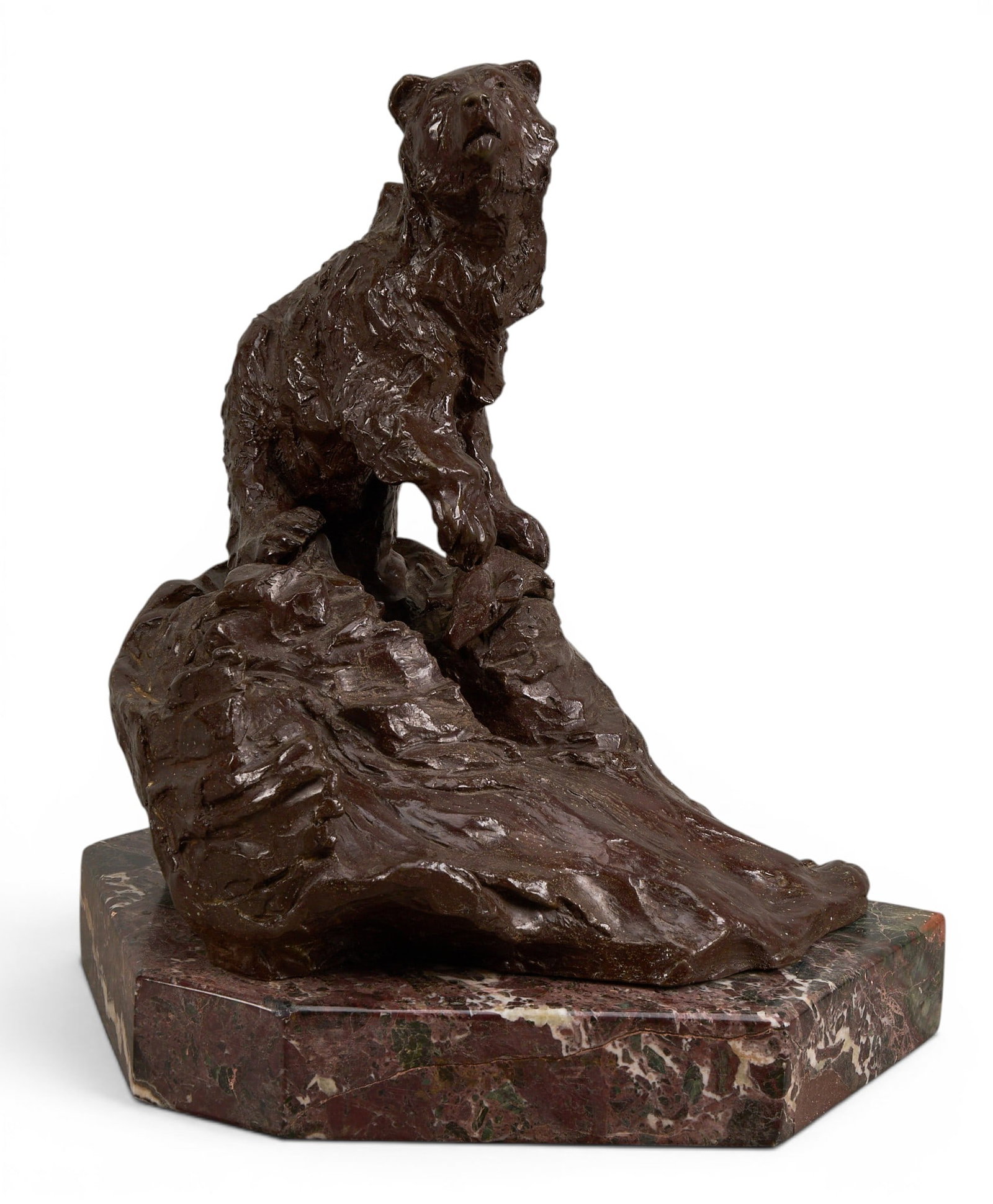 "Alaskan Brown Bear" Bronze: "Alaskan Brown Bear" artist-cast bronze sculpture atop red stone base with incised signature (illegible), title, and date, 1972 height 11 in. x width 8.5 in. x depth 7 in. (including