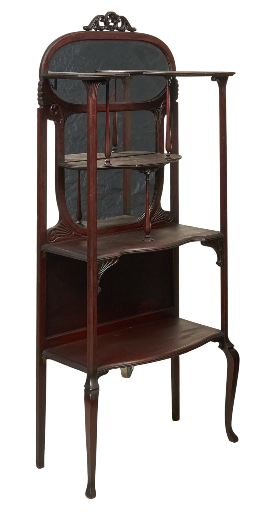 Vintage Mirrored Display Cabinet: Vintage mirrored display cabinet with three shelves and a decorative top height 62.5 in. x width 26.5 in. x depth 13 in. Provenance: Property from a home in Inez, Texas