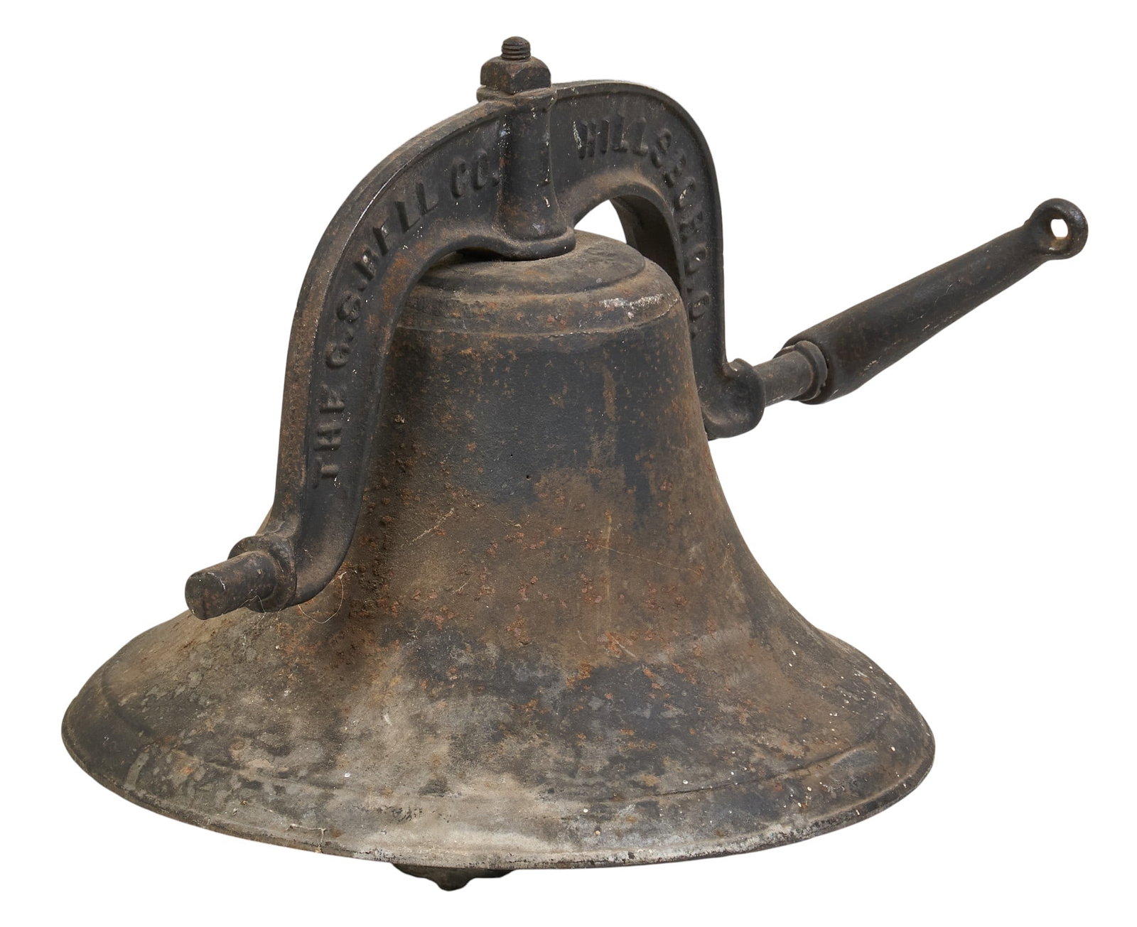 Cast Iron Bell: Cast iron bell, engraved "THE G.S. BELL CO. HILLSBORO. O." height 14 in. x width 14 in. x depth 8 in. Provenance: Property from a home in San Antonio, Texas