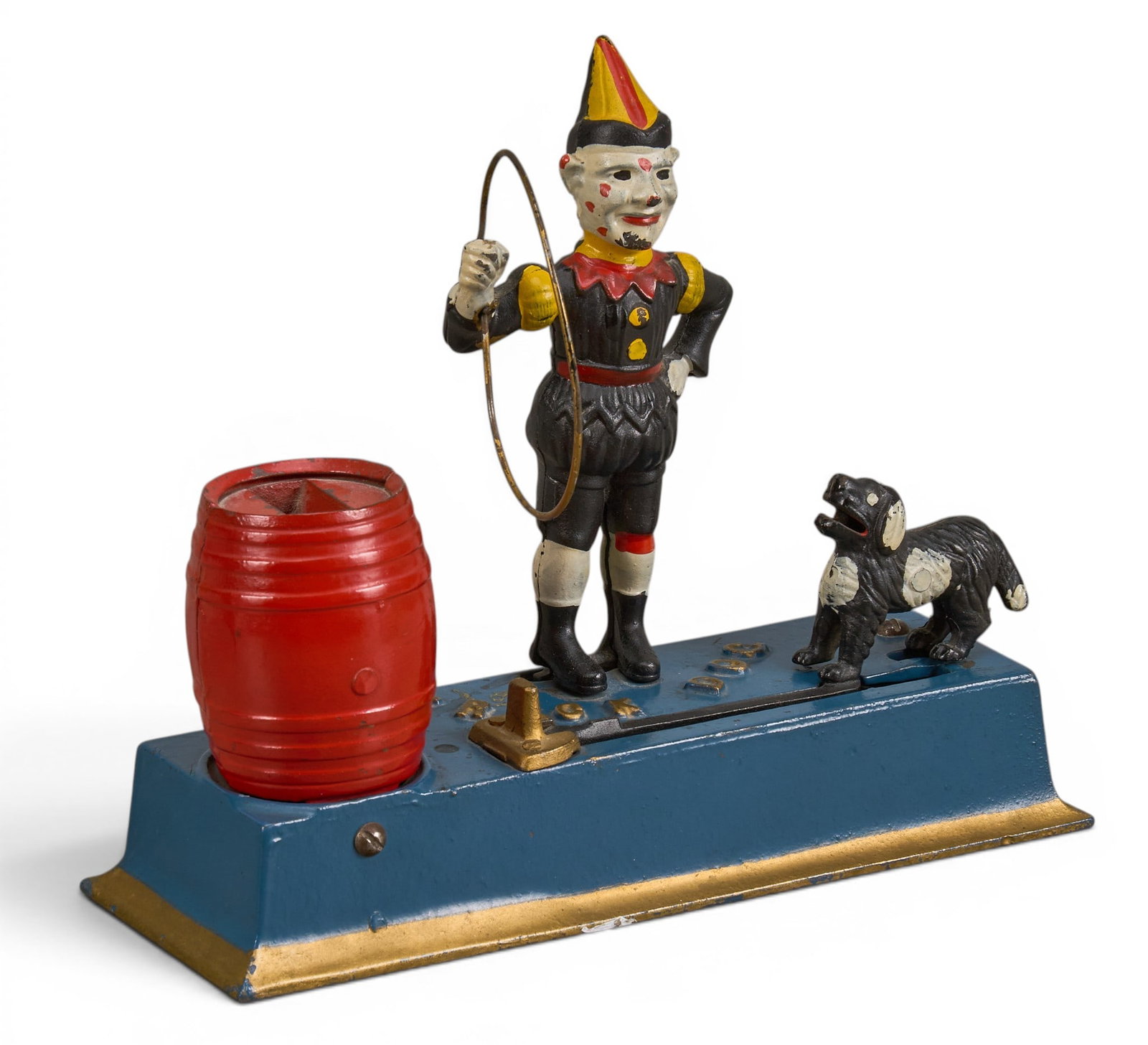 Trick Dog Iron Coin Bank: Hubley "Trick Dog" cast iron mechanical coin bank, circa early 20th century height 7.25 in. x width 8.5 in. x depth 3 in. Provenance: Property from a home in San Antonio, Texas
