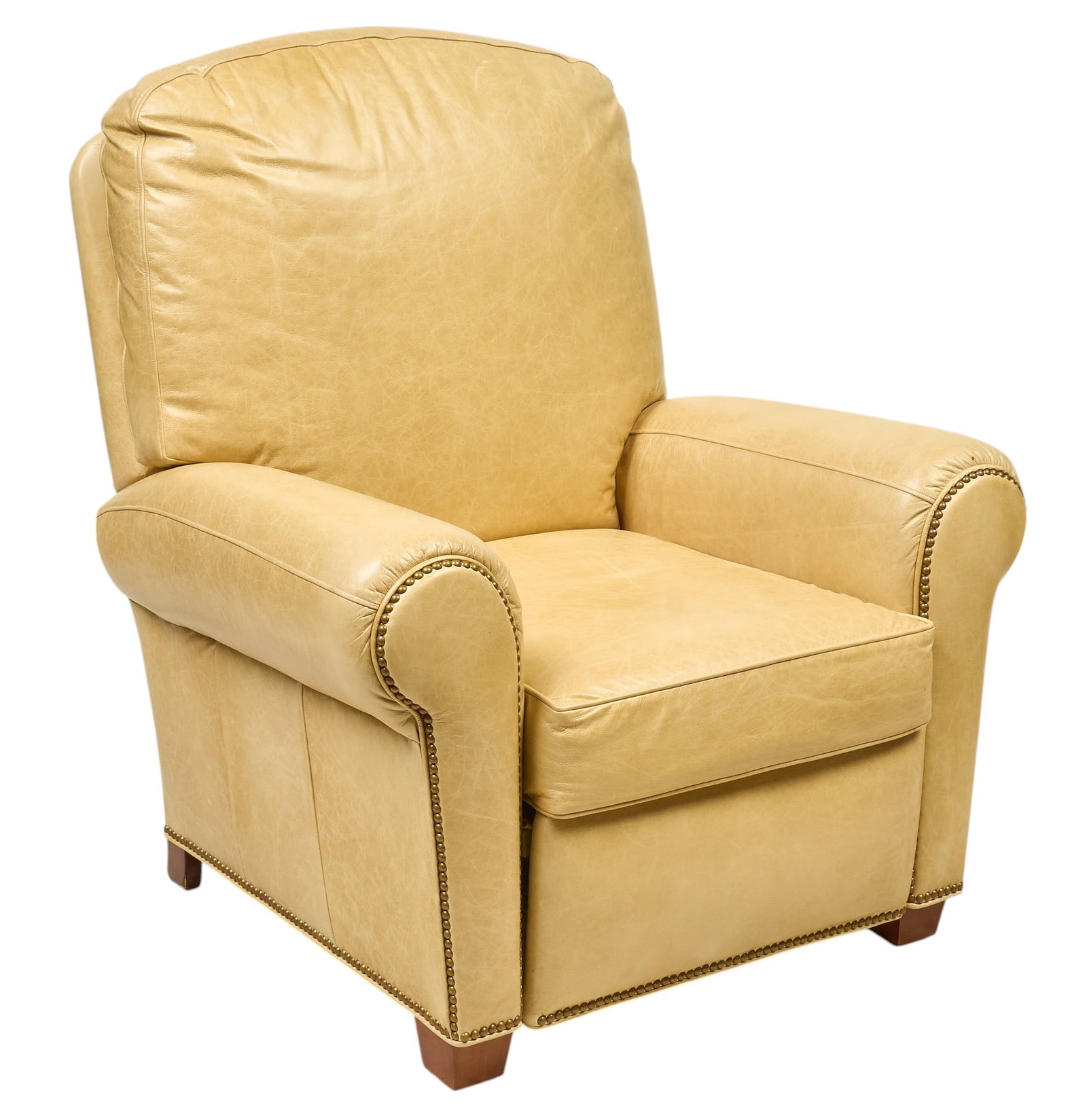 Yellow Leather Recliner: Yellow leather recliner with rolled arms and decorative nailhead trim height 44 in. x width 39 in. x depth 40 in. Provenance: Property from the Estate of Robert A. "Bob" Funk Sr. -