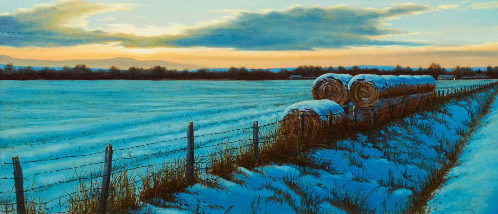 Paco Young, "Winter Evening": Paco Young (Montana, 1958-2005), "Winter Evening (Gallatin Valley - January)", oil on linen, signed lower right, inscribed on the verso with title, signature, and date, 1996 sight 16 x 36