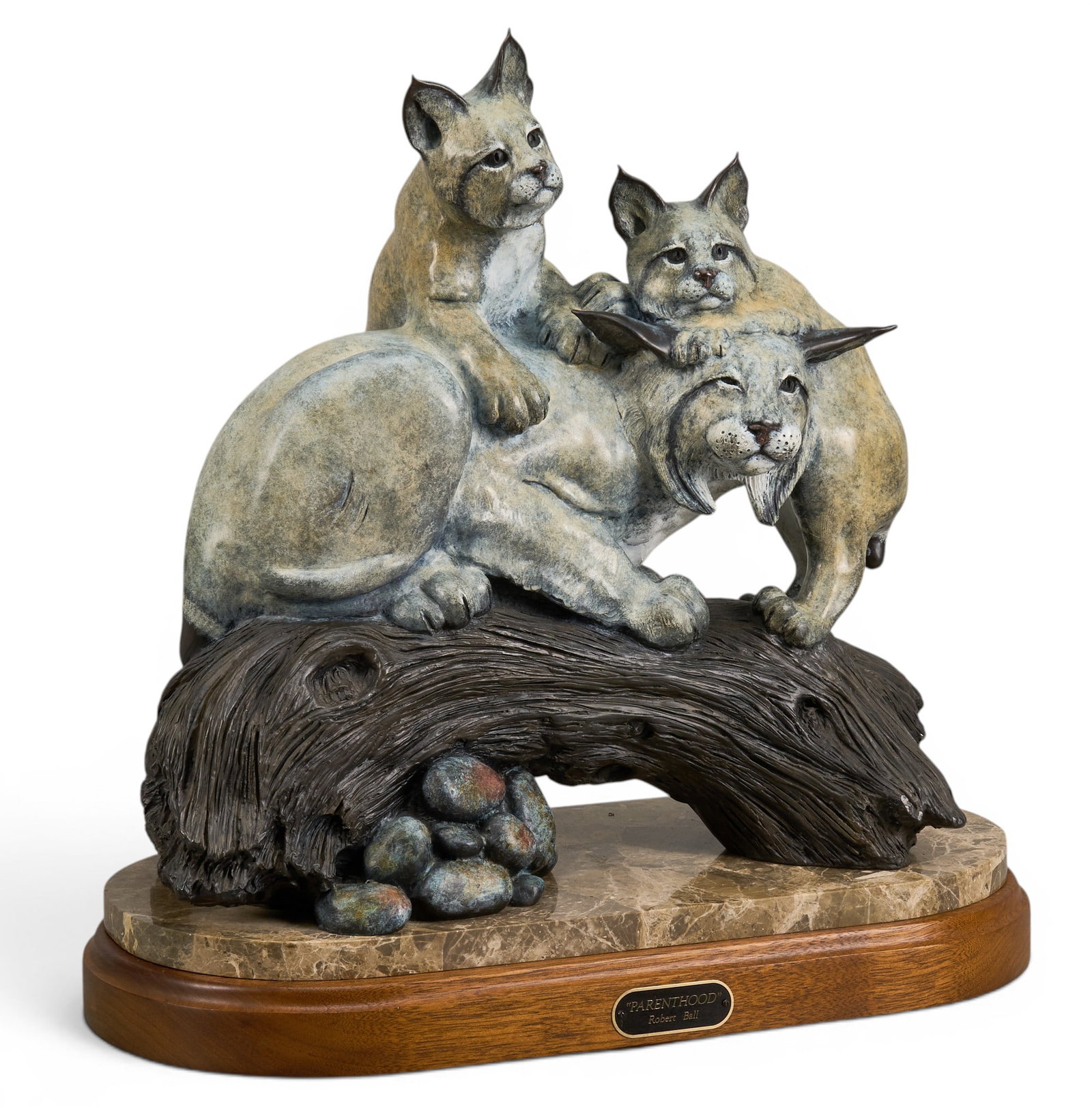 Robert Ball, "Parenthood": Robert Ball (Amer., b. 20th C.), "Parenthood", lynx mother and kittens, artist's proof bronze sculpture on stone and wooden base, incised signature, edition number AP 3/3, and date