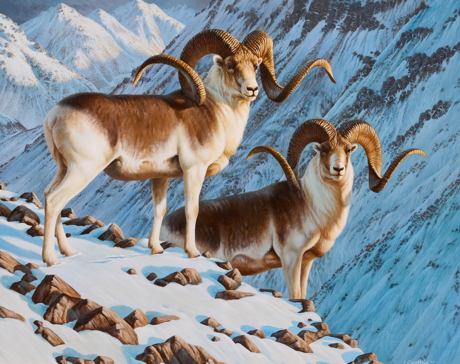 Cynthie Fisher, Bighorn Sheep: Cynthie Fisher (Amer., 20th-21st C.), mountain scene with big horn sheep, acrylic on panel, signed and dated lower right, 2000 sight: 24 x 30 in., frame: 34 x 40 in. Provenance: Property from
