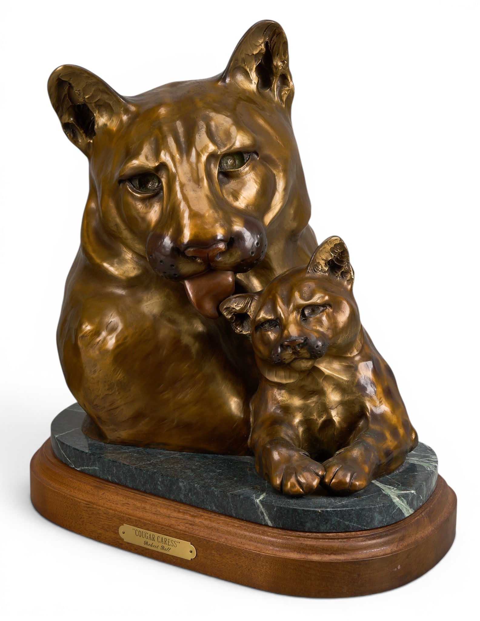 Robert Ball, "Cougar Caress": Robert Ball (Amer., b. 20th C.), "Cougar Caress", artist-cast bronze sculpture on wooden base, incised signature and edition number AP 1/3 (standard edition size 28) height 17