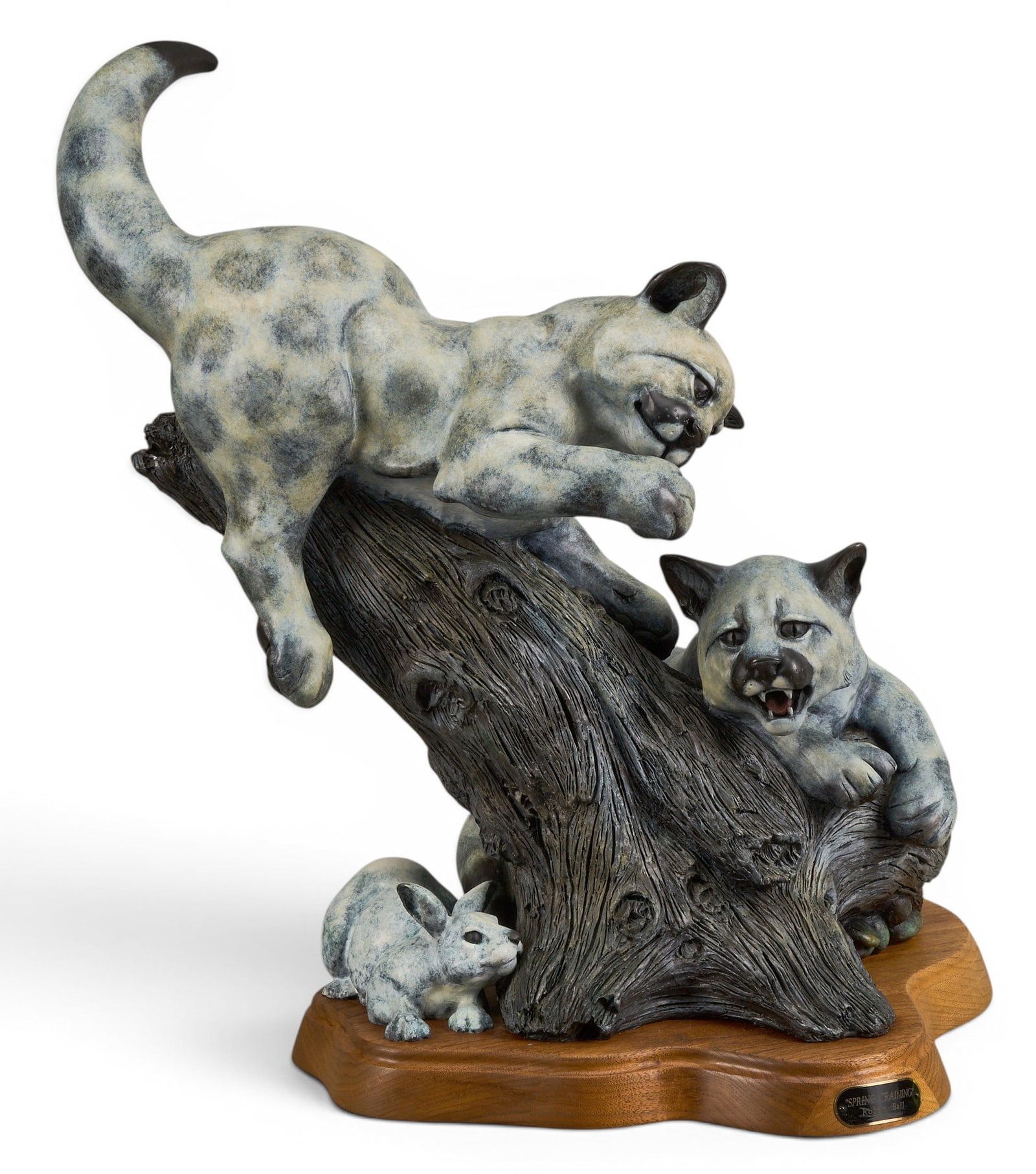 Robert Ball, "Spring Training": Robert Ball (Amer., b. 20th C.), "Spring Training", kittens playing with rabbit, artist-cast bronze sculpture on wooden base, incised signature and edition number 1/27 height 27.5 in.