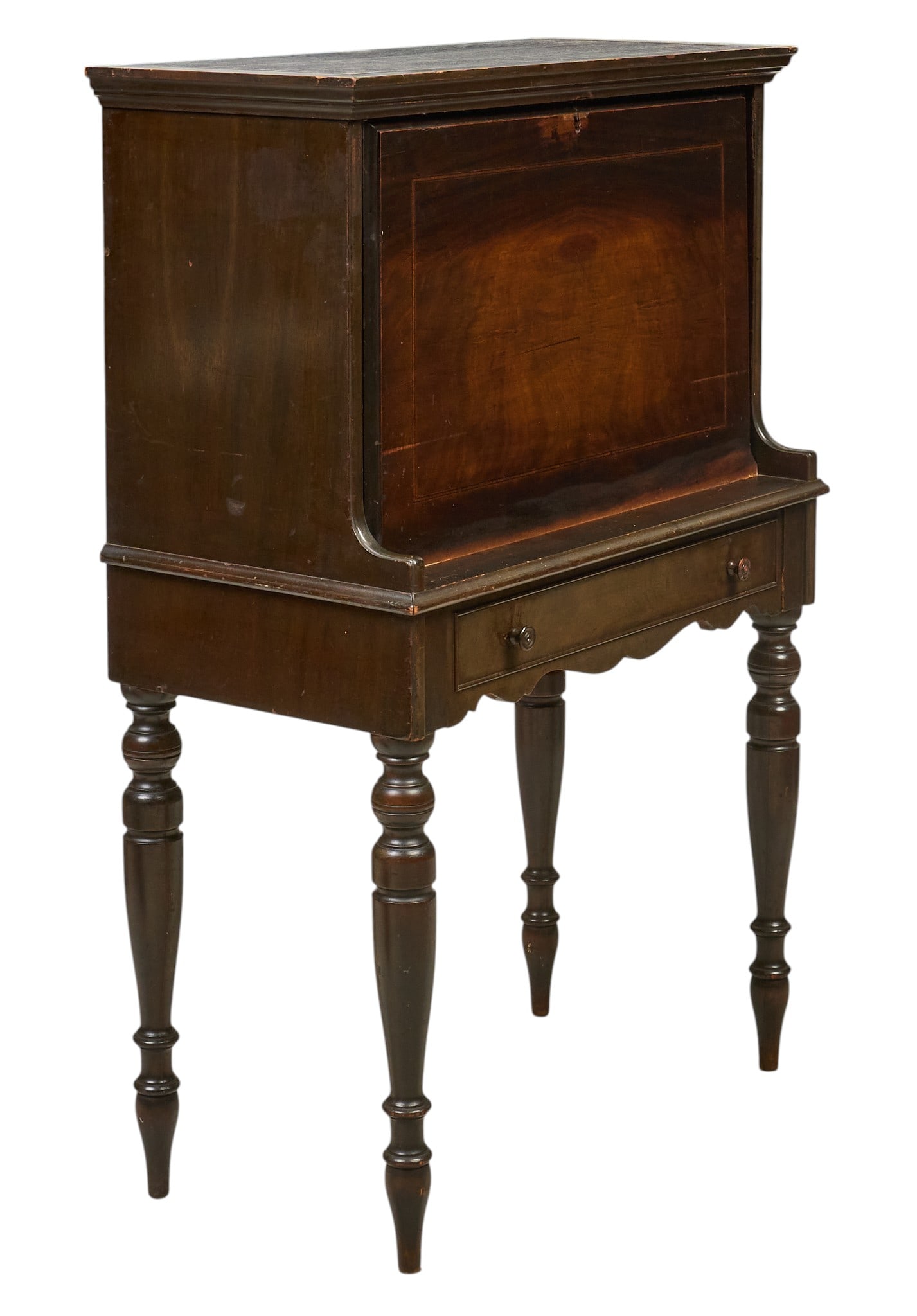 Antique Drop Front Secretary: Antique drop-front secretary with turned legs, circa 1920s height 48 in. x width 32 in. x depth 17 in. Provenance: Property form a home in Inez, Texas
