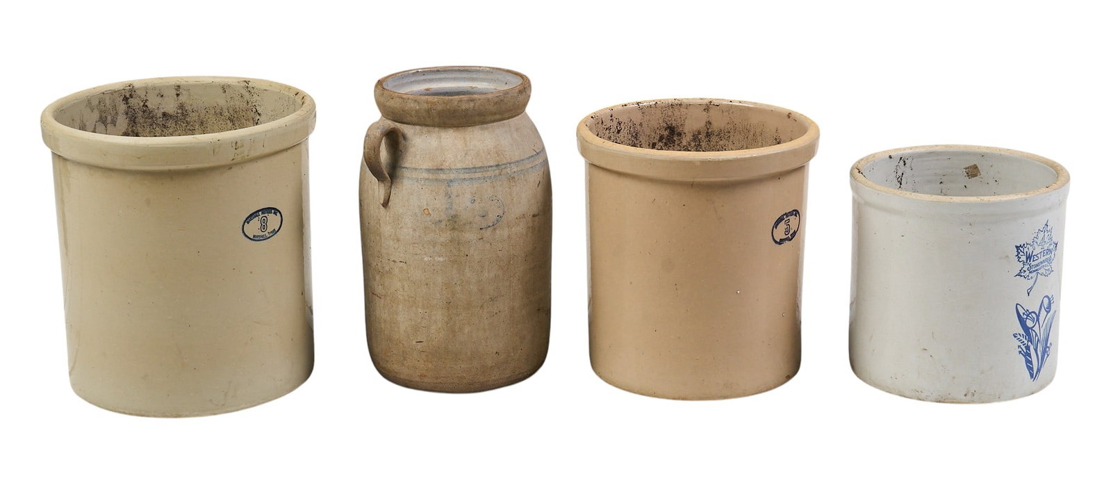 (4) Marshall Pottery and Western Stoneware Crocks and Jars: Collection of four early stoneware pieces, includes two Marshall Pottery (Texas) crocks, a Western Stoneware (Illinois) crock, and an unmarked jug height 16 in. x width 15 in. x