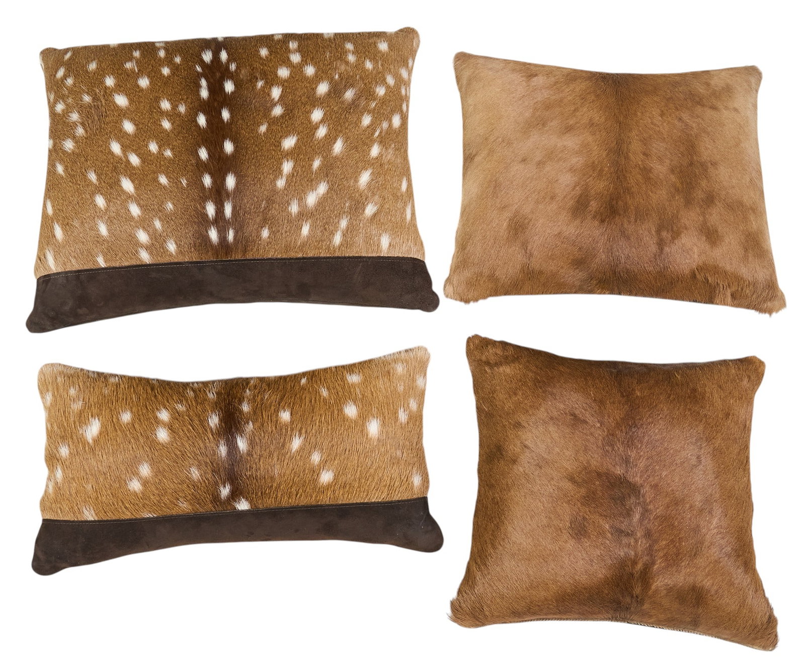 (4) Axis and Impala Hide Pillows & Hide Pieces: Collection of four decorative pillows crafted from axis and impala hide, with spotted and solid brown patterns. includes several untrimmed hide pieces height 23 in. x width 18 in. x depth 6