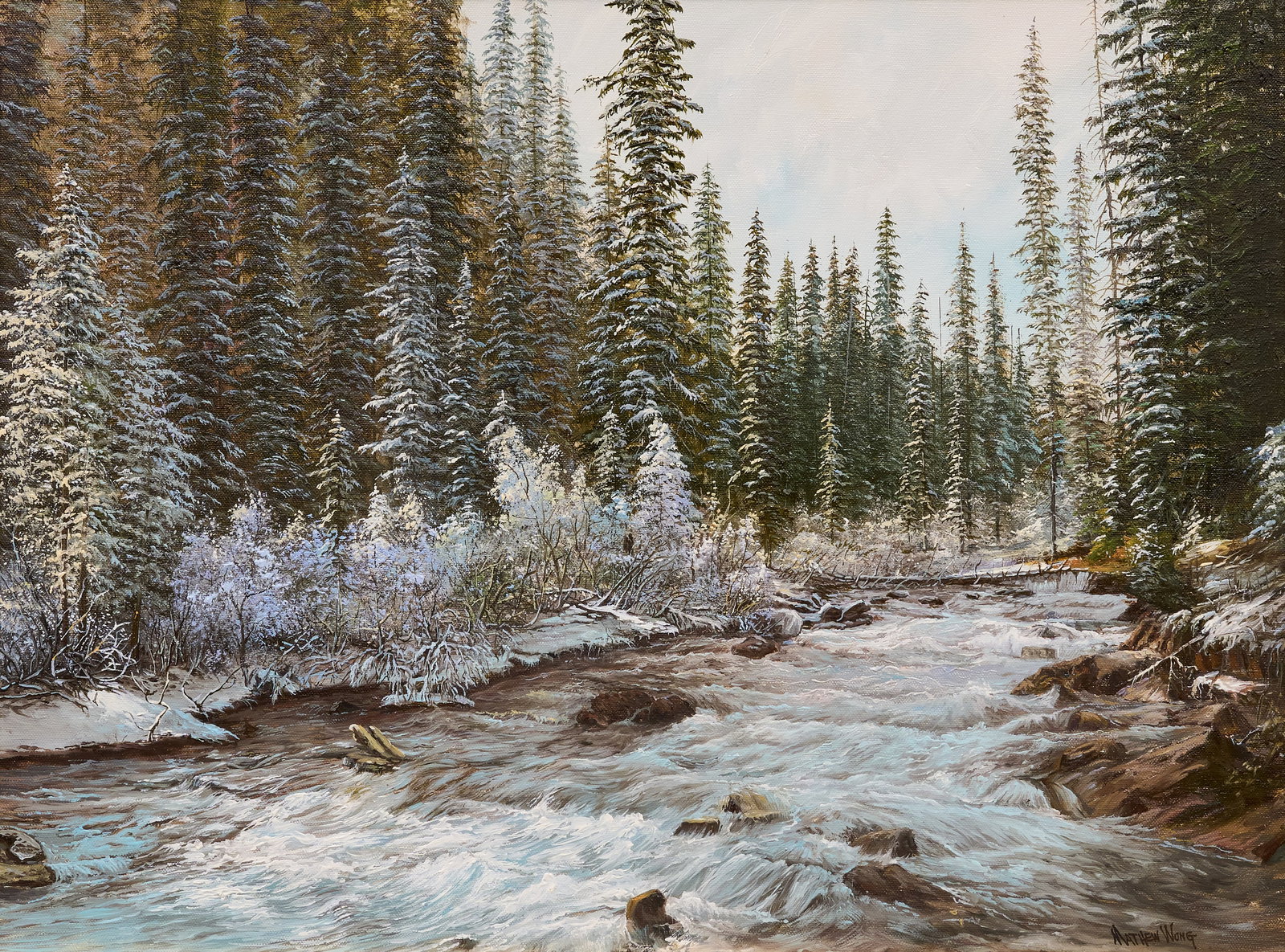Mathew Wong, "Mountain Stream (Moraine Creek)": Mathew Wong (China-Canada, b. 1948), "Mountain Stream (Moraine Creek)", acrylic on canvas, signed lower right sight: 18 x 24 in., frame: 29.5 x 35.5 in. Provenance: Property from