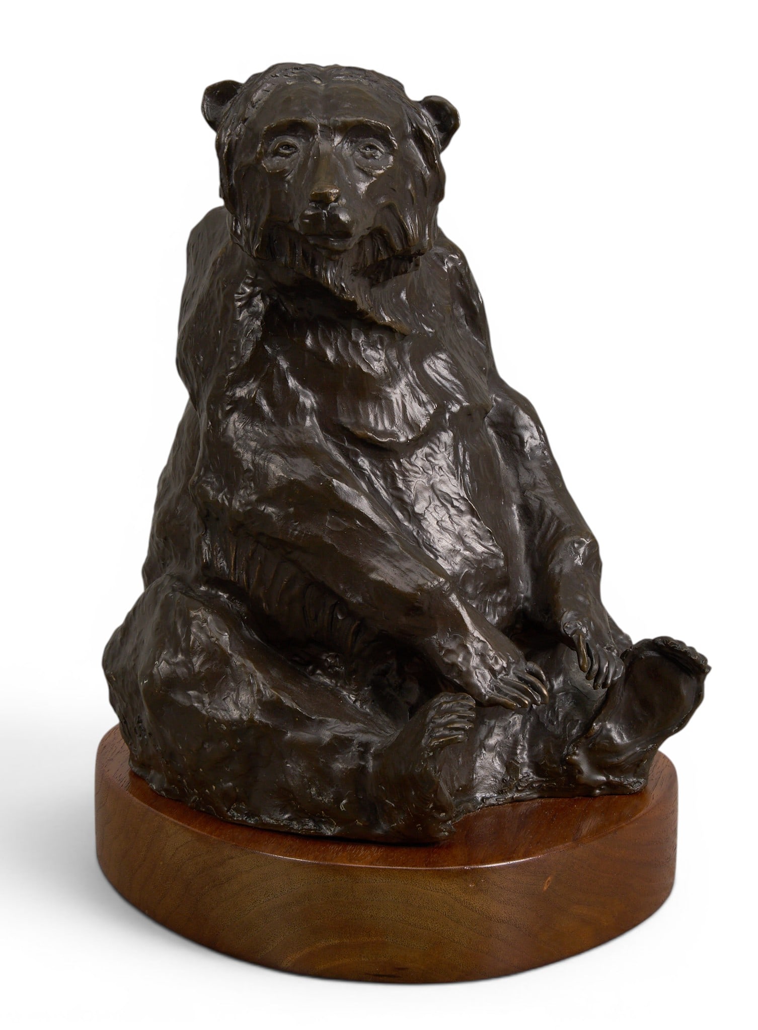 Michael McLaughlin, Sitting Bear: Michael McLaughlin (Amer., b. 20th C.), seated bear, artist-cast bronze sculpture on wooden base, incised signature, edition number 1/15, and date, 1971 height 11 in. x width 7 in. x depth 8 in. 