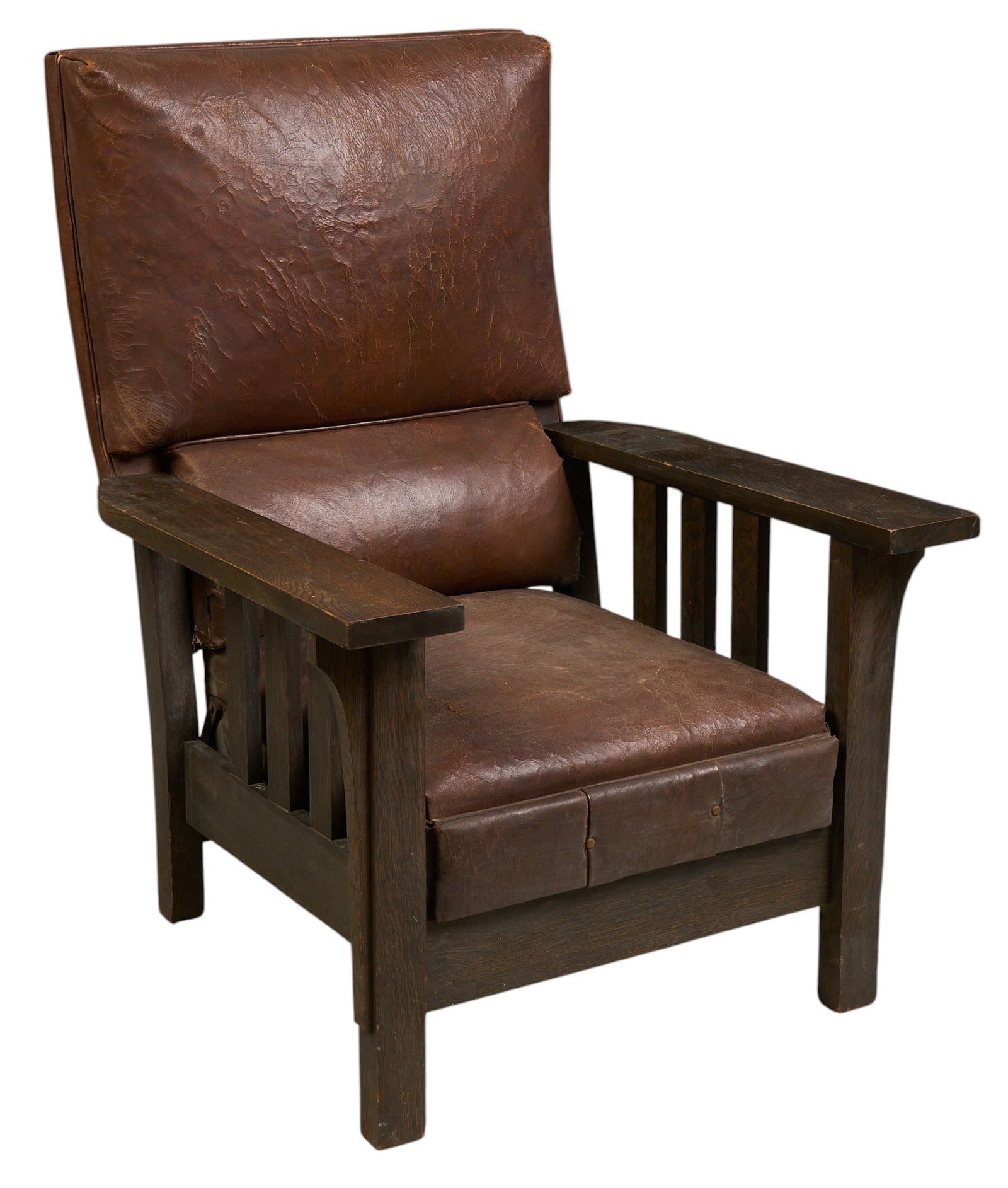 Antique Mission Style Recliner: Antique Mission style reclining chair with distressed leather seat, air piston and spring reclining mechanism, circa early 20th century height 40 in. x width 31 in. x depth 34 in. 