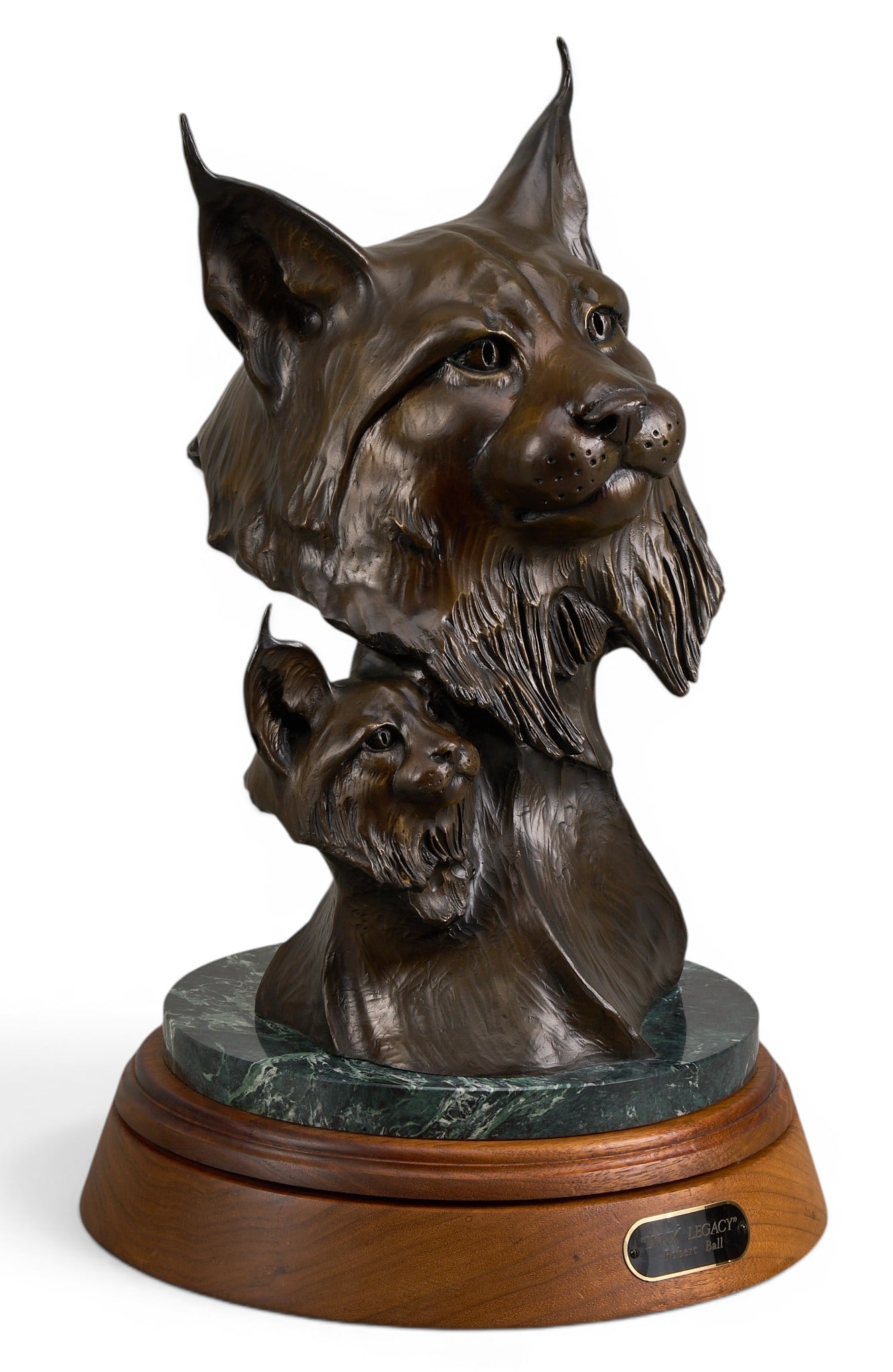 Robert Ball, "Lynx Legacy": Robert Ball (Amer., b. 20th C.), "Lynx Legacy", artist-cast bronze sculpture atop stone and wooden base, incised signature and edition number 1/27 height 18.5 in. x 12 in.