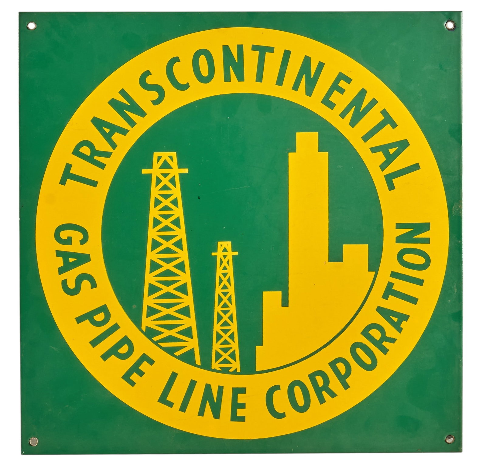 Transcontinental Gas Pipe Oil Sign: Vintage Transcontinental Gas Pipe Line Corporation double-sided porcelain on metal sign height 17 in. x width 17 in. Provenance: Property from a home in Ingram, Texas
