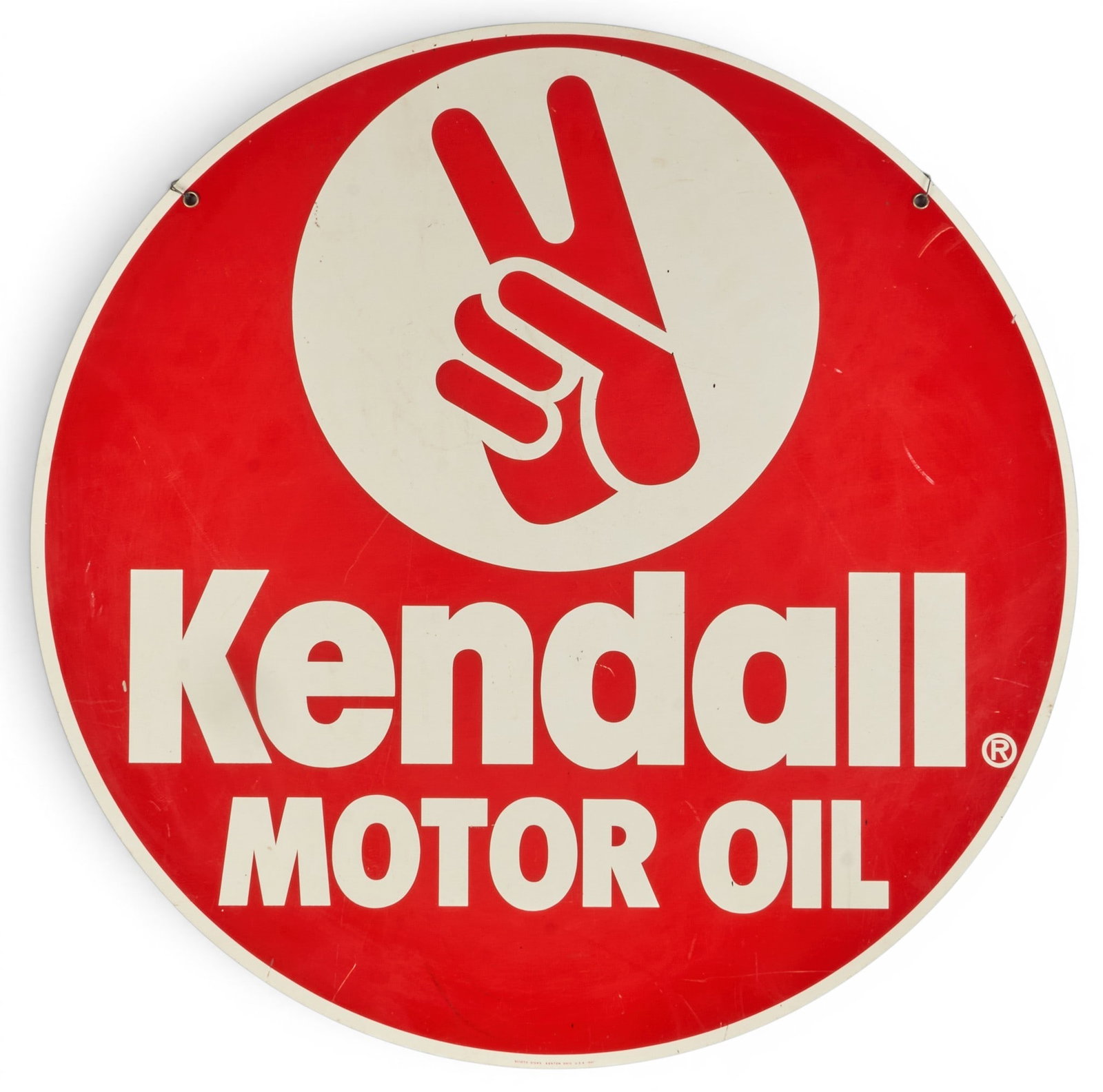 Vintage Kendall Motor Oil Sign: Vintage Kendall Motor Oil advertising sign, single-sided, paint on metal, with text reading "Kendall Motor Oil", marked on lower right corner diameter 23.5 in. Provenance: Property from a ho