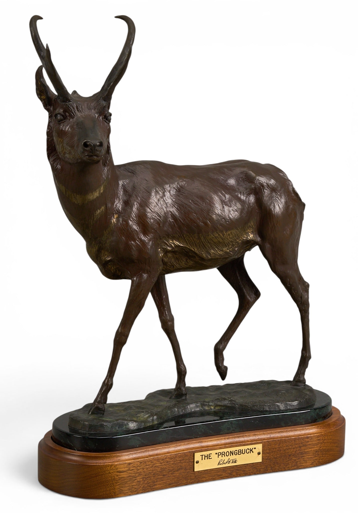 Robert Tate, "The Prongbuck": Robert B. Tate (California / Colorado, b. 20th C), "The Prongbuck", artist-cast bronze sculpture on wooden base, incised signature, edition number 9/21, and date, 1982 height 18
