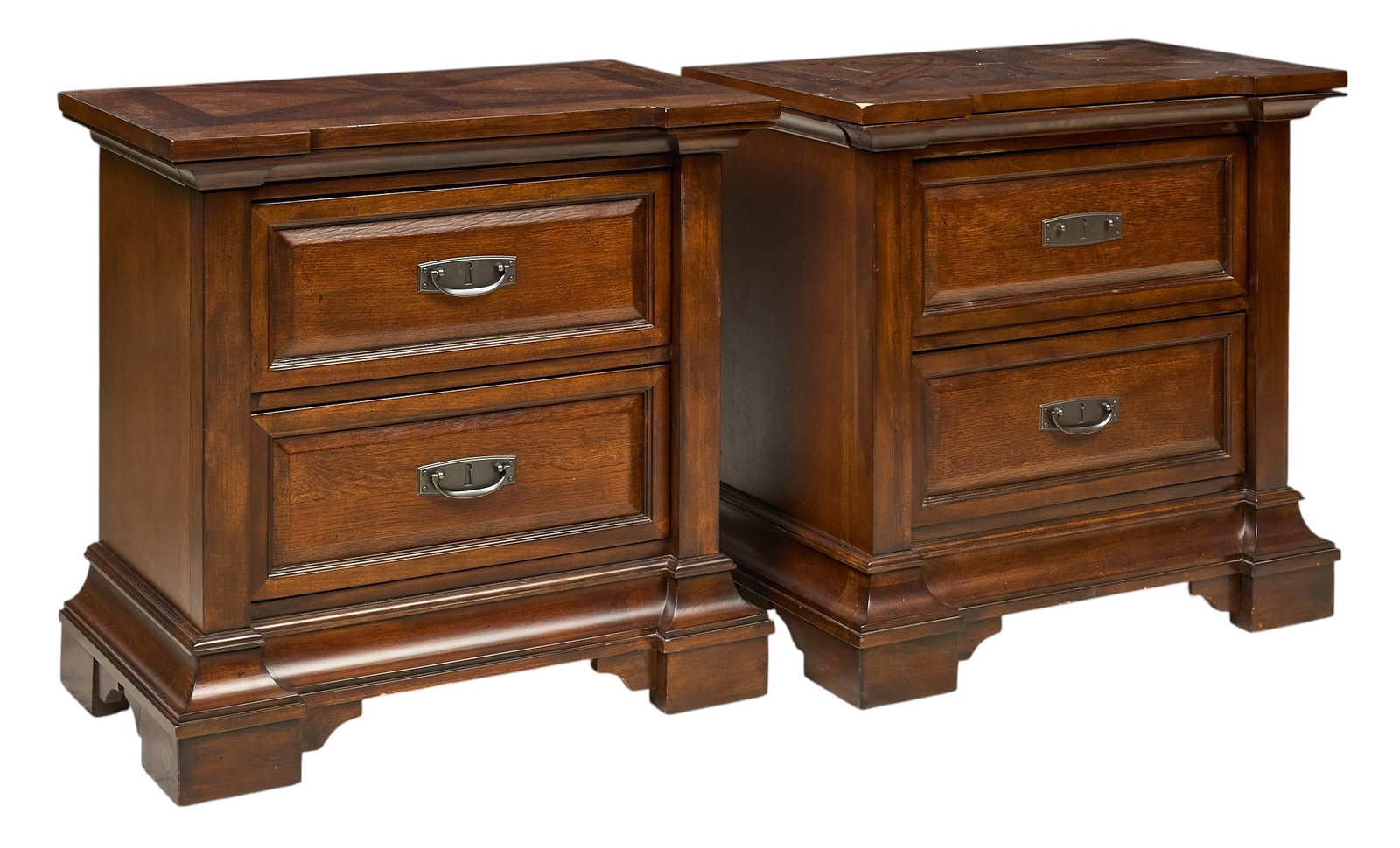 Pair of Nightstands: Pair of nightstands, each with two drawers, on carved block legs height 29 in. x width 30 in. x depth 18 in. Provenance: Property from the Estate of Robert A. "Bob" Funk Sr. - trailblazing