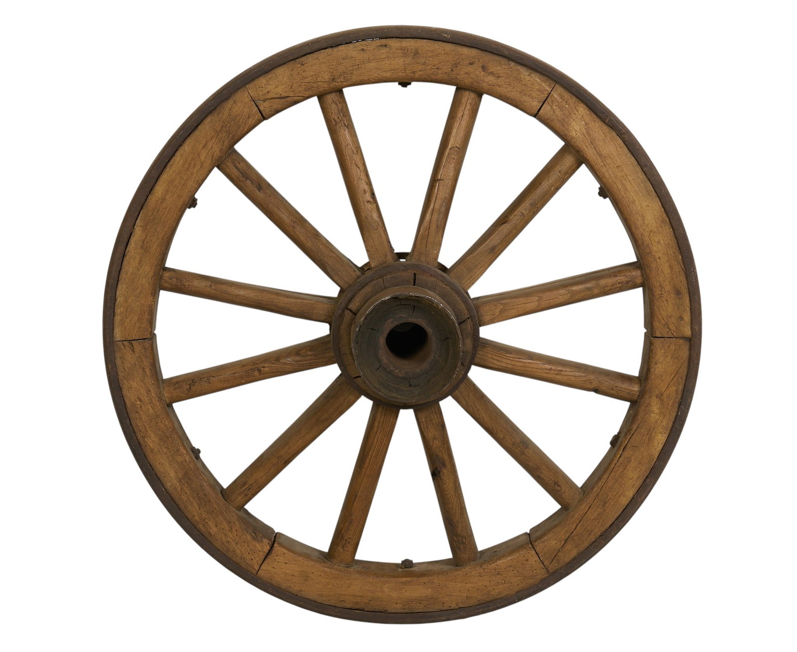 Vintage Wagon Wheel: Vintage farmhouse wagon wheel with iron banding, circa mid 20th century diameter 34 in. x width 4 in. Provenance: Property from a home in San Antonio, Texas