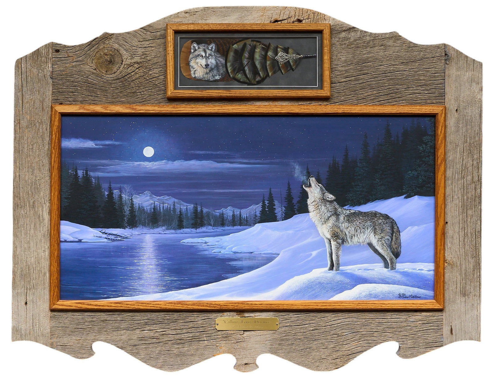 Nadine Pickthorn, "Calling Long Distance": A. Nadine Pickthorn (Montana, b. 20th C.), "Calling Long Distance", 1996, acrylic on panel, signed and dated lower right, 1996, custom framed together with painted eagle's